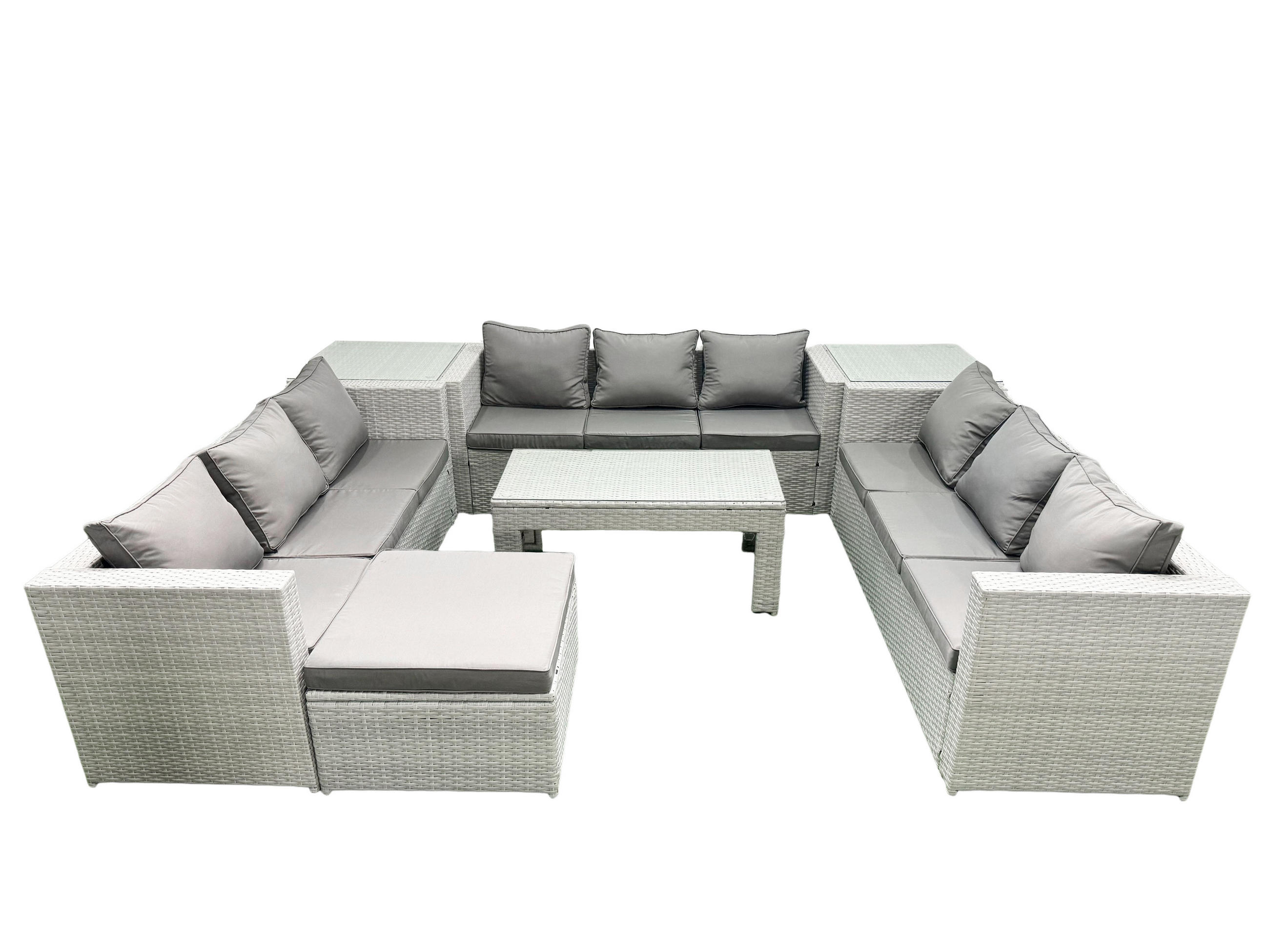 BALKONMÖBEL-SET Polyrattan Hellgrau-Mix 10-teilig - Hellgrau/Grau, Glas/Kunststoff - Fimous