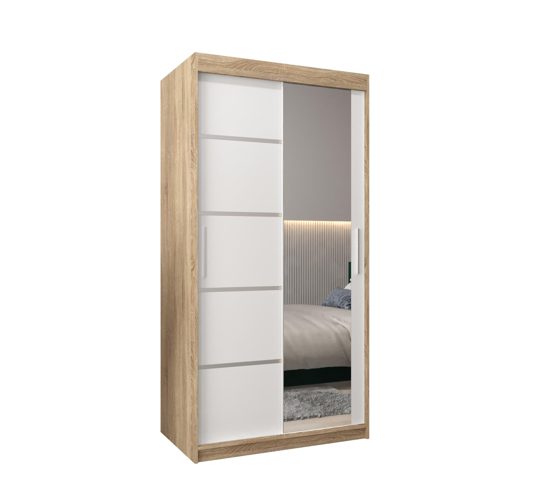 Möbel Kryspol Schwebetürenschrank Sonoma Eiche, Weiß, Silber 100x200x62 cm