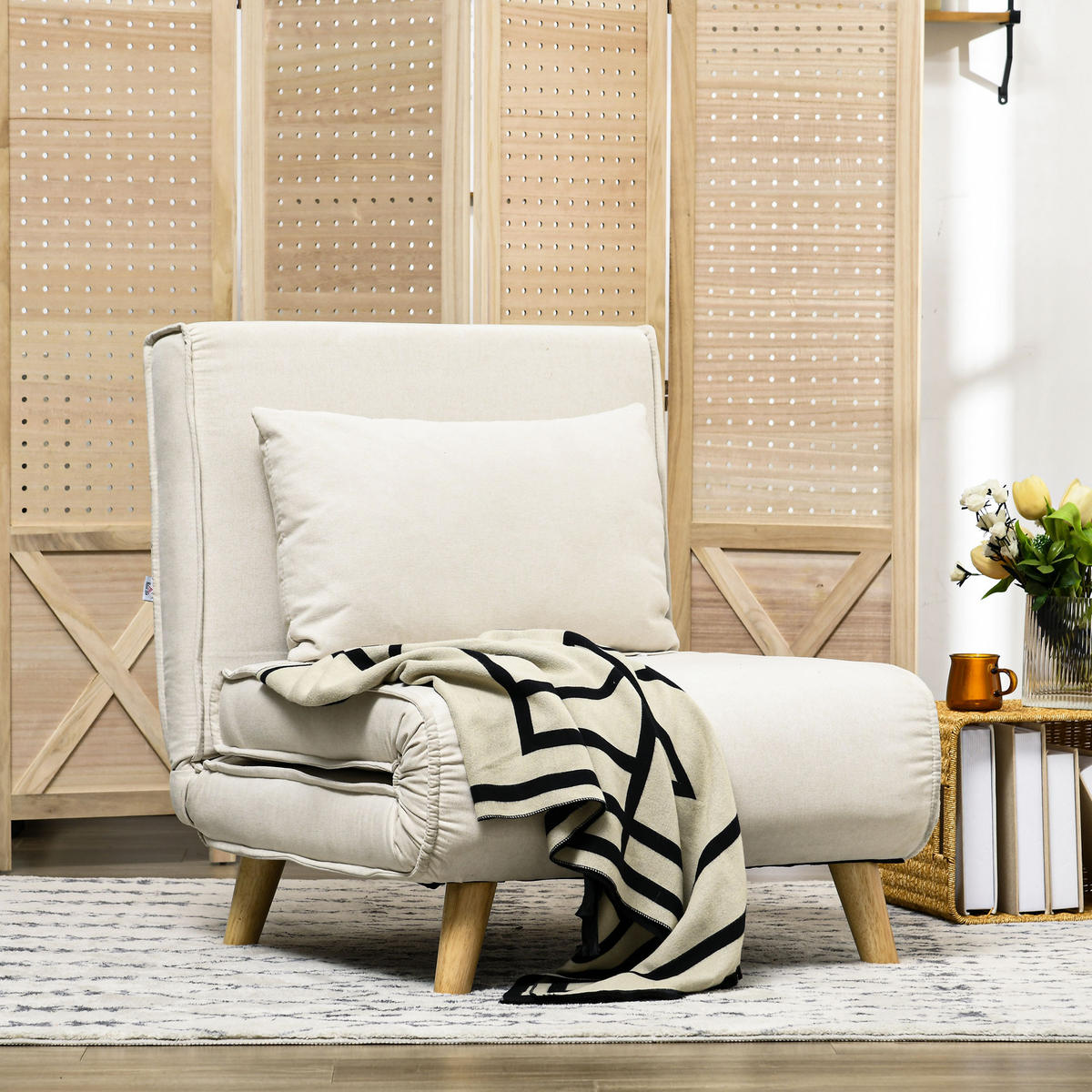 SCHLAFSESSEL, Klappbett mit Bettfunktion, Lendenkissen, für Wohnzimmer Creme - Creme/Naturfarben, Holz/Textil (78/79/72cm) - HOMCOM