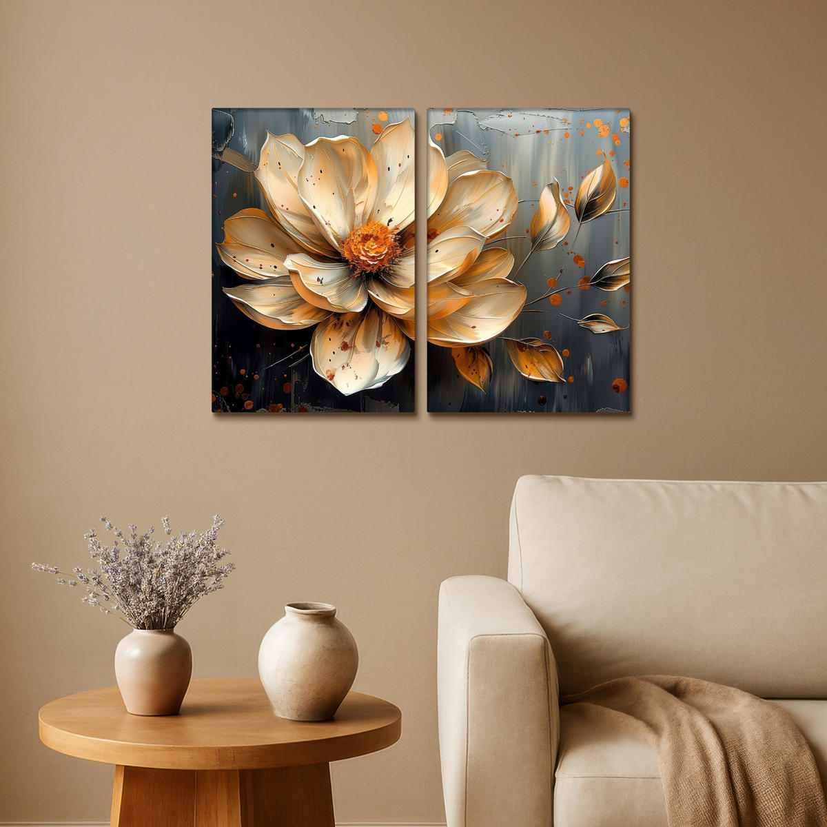 LEINWANDBILD 2er Set Blume - Gold - Abstrakt - Farbe 80x60 cm - Creme, Textil (80/60cm) - MuchoWow