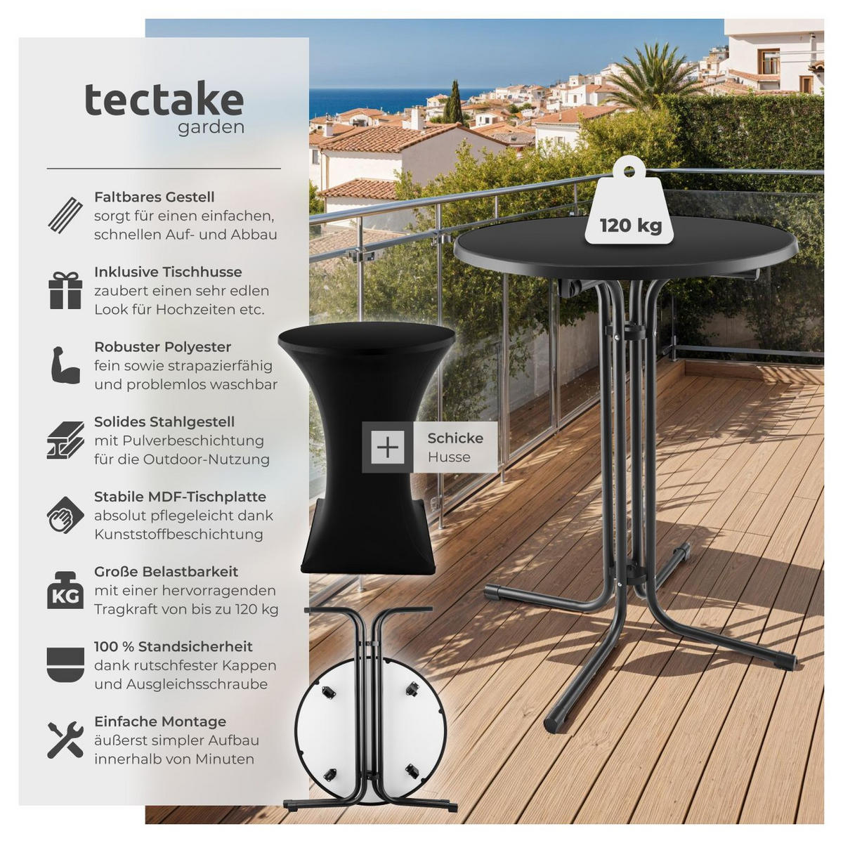 STEHTISCH Eren,bodenschonende Kunststofffüße & Ausgleichsschraube,schwarz - Schwarz, Textil (80/80/110cm) - tectake