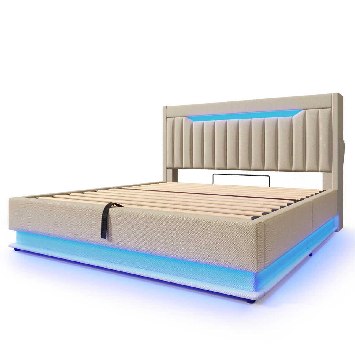 POLSTERBETT mit LED-Beleuchtung 140/200 cm mit Bettkasten, USB und gepolstertem Kopfteil - Beige, Textil (140/200cm) - BEAOK