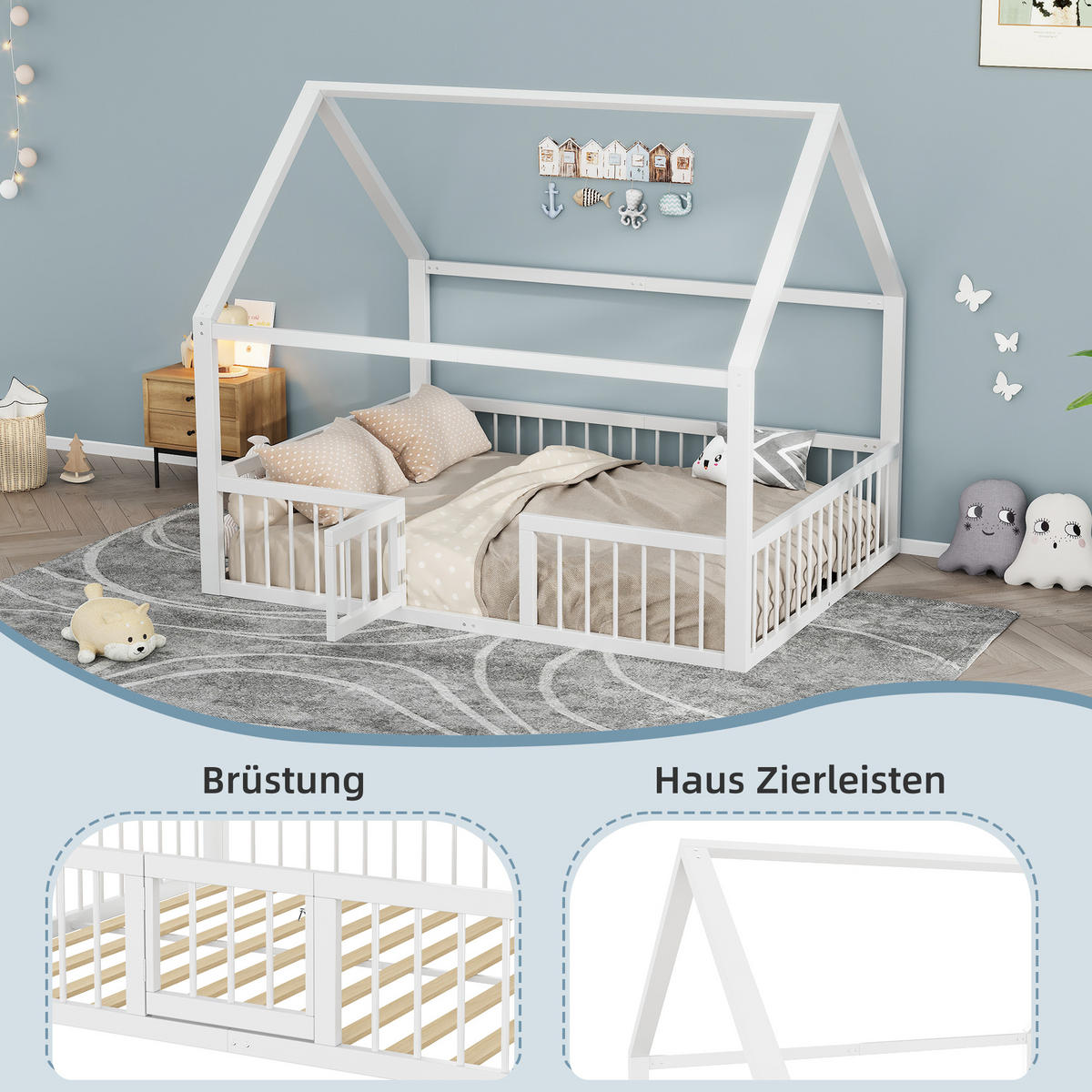 FLACHBETT 140x200cm Weiß Metall Kinderbett Hausleiste - Weiß, Metall (140/200cm) - FLIEKS