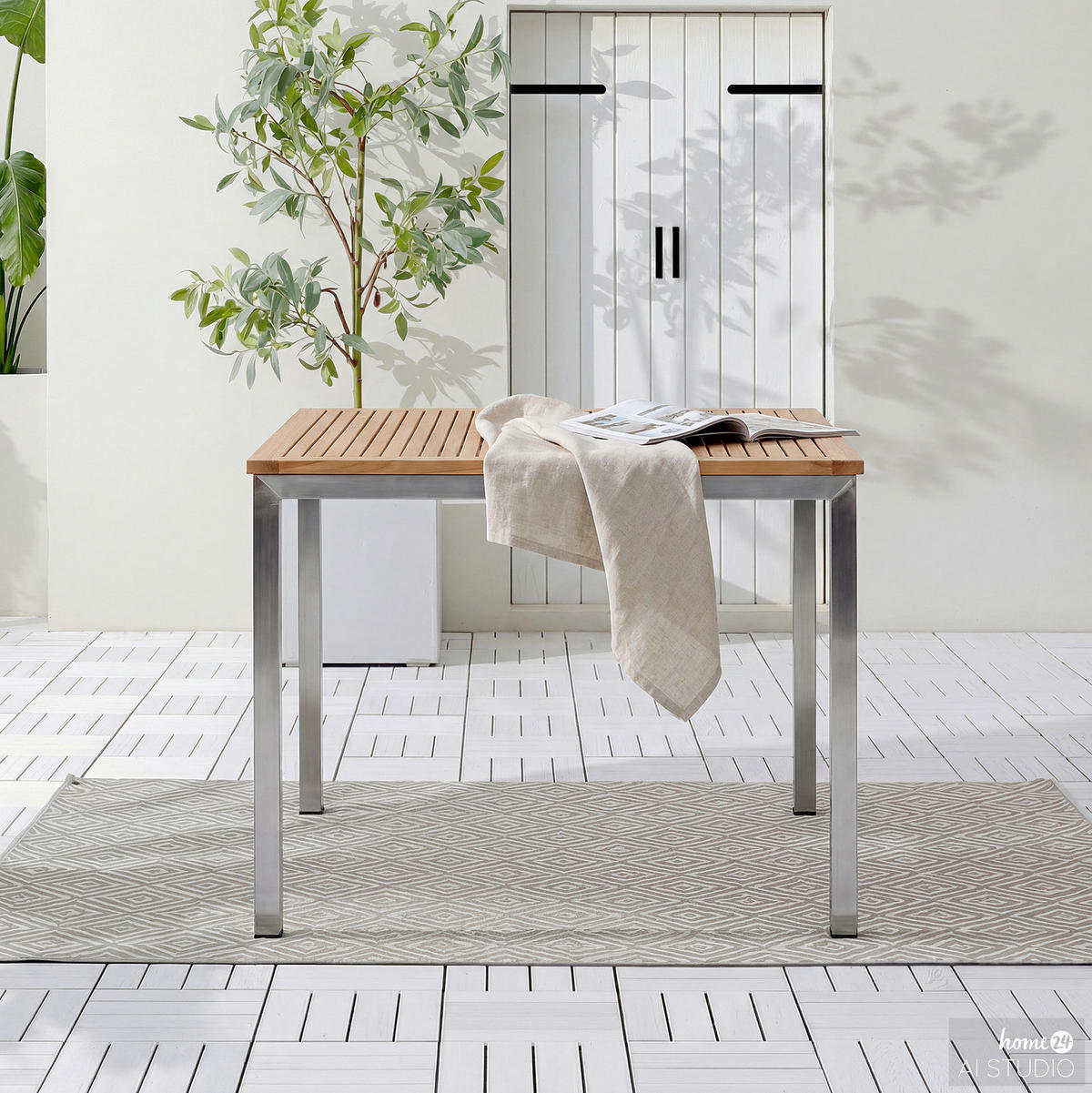 GARTENTISCH - Teak massiv / Edelstahl - Silberfarben/Braun, Holz/Metall (90/90/75cm) - home24
