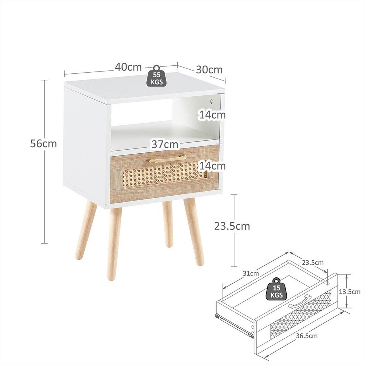 NACHTTISCH - 1 Schublade aus Rattan - mit Massivholzbeinen & goldener Griff - Weiß und Natur - Weiß, Holzwerkstoff (40/56/30cm) - DELFA