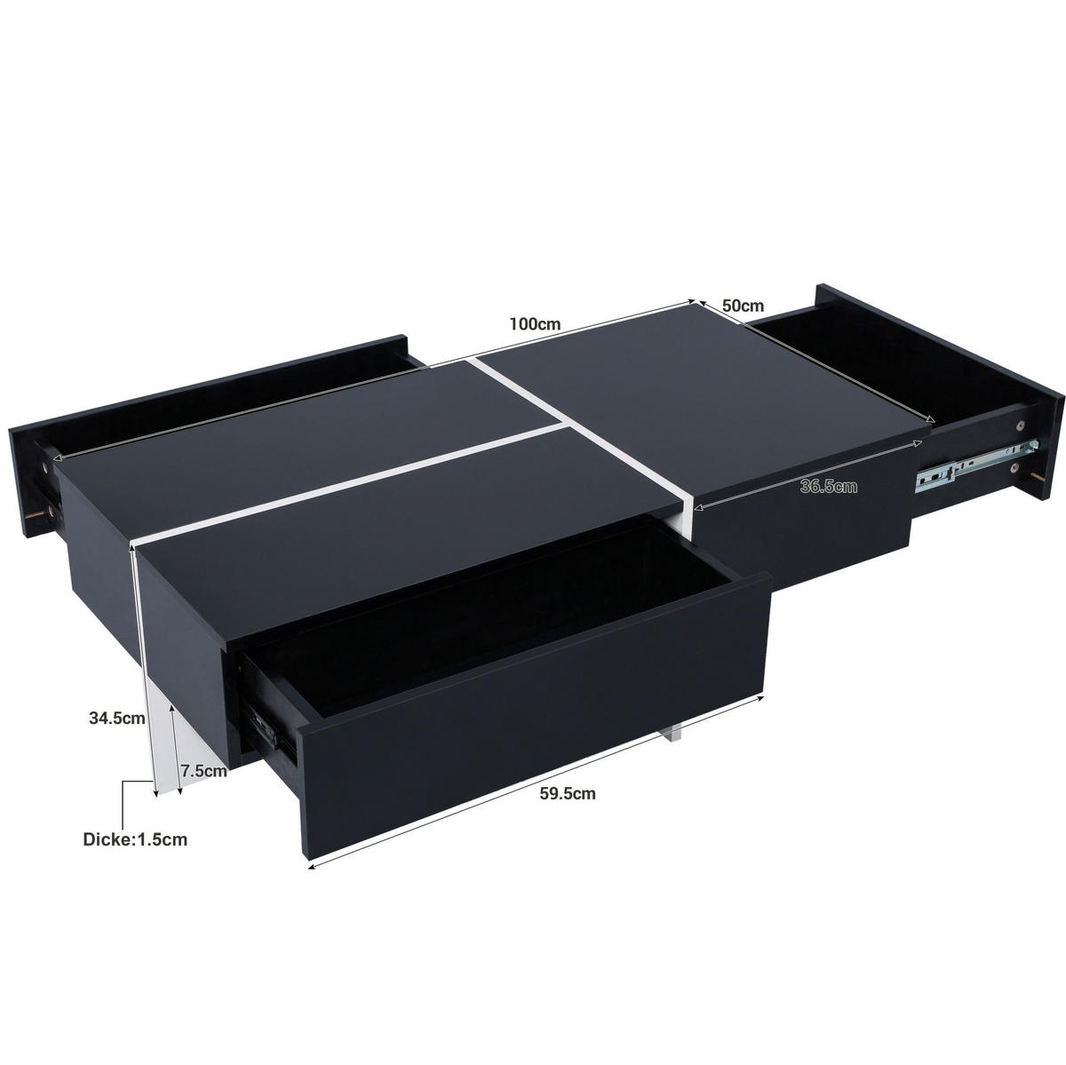 COUCHTISCH, Spanplatte Hochglanz Schwarz mit app‑gesteuerter LED‑Beleuchtung, 100/50/34,5 cm, Schwarz - Schwarz, Holzwerkstoff (100/50/34.5cm) - Redom