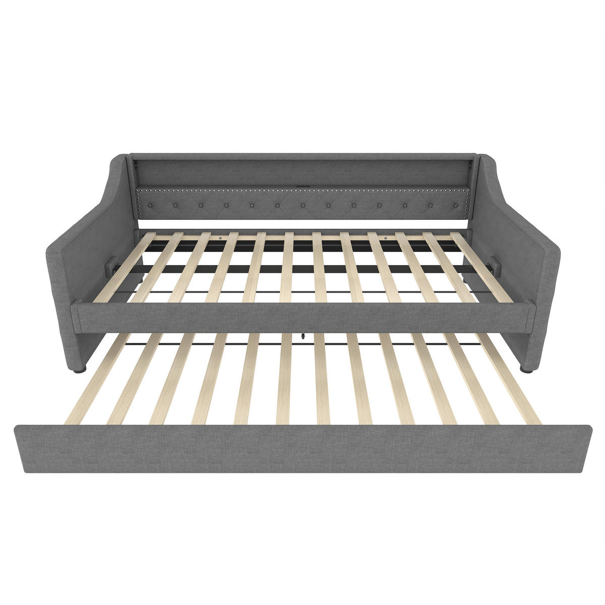 TAGEBETT 90x200cm Grau Leinen LED-Licht Ausziehbett USB - Grau, Holz (90/200cm) - FLIEKS