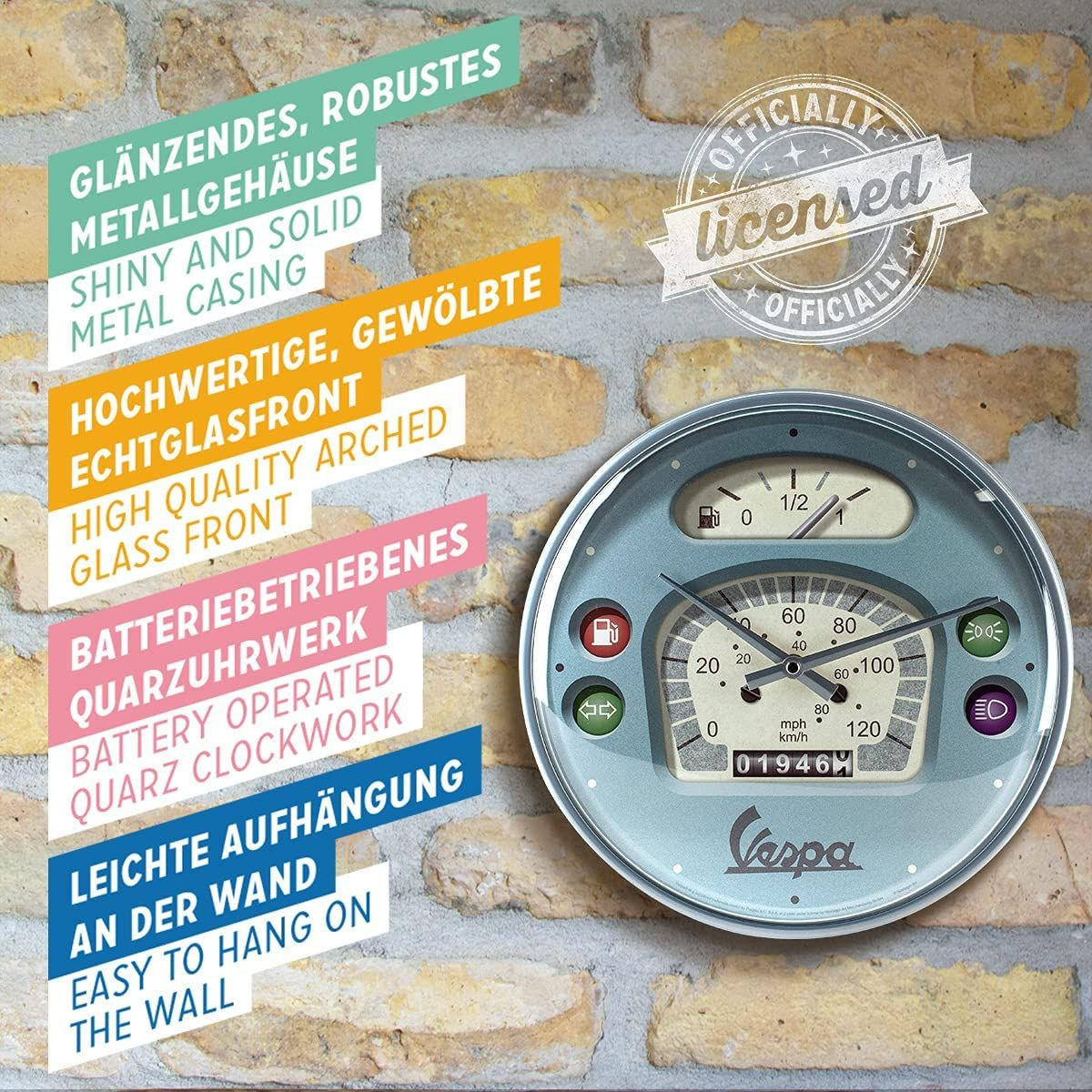 WANDUHR 31 cm Vespa Tacho - Hellblau, Metall (31/31/5cm) - Nostalgic-Art