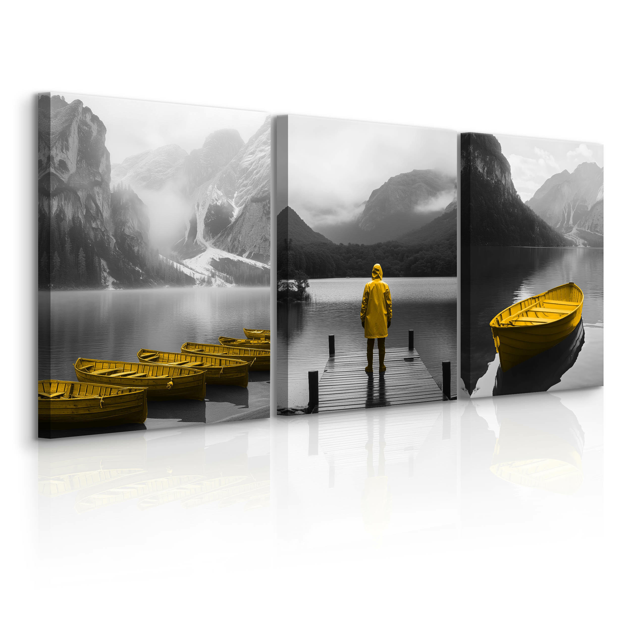 LEINWANDBILDER 3-es Set Bergen Natur 3D - Gelb/Schwarz, Textil (90/40cm) - Muralo