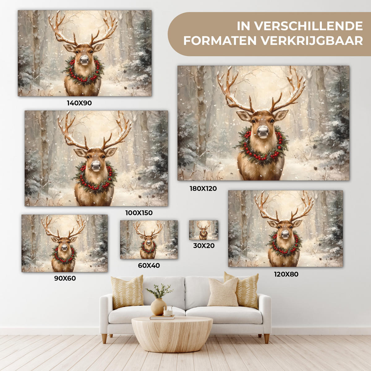 LEINWANDBILD Weihnachten - Rentier - Winter - Kranz Deko Schlafzimmer 30x20 cm - Braun, Textil (30/20cm) - MuchoWow