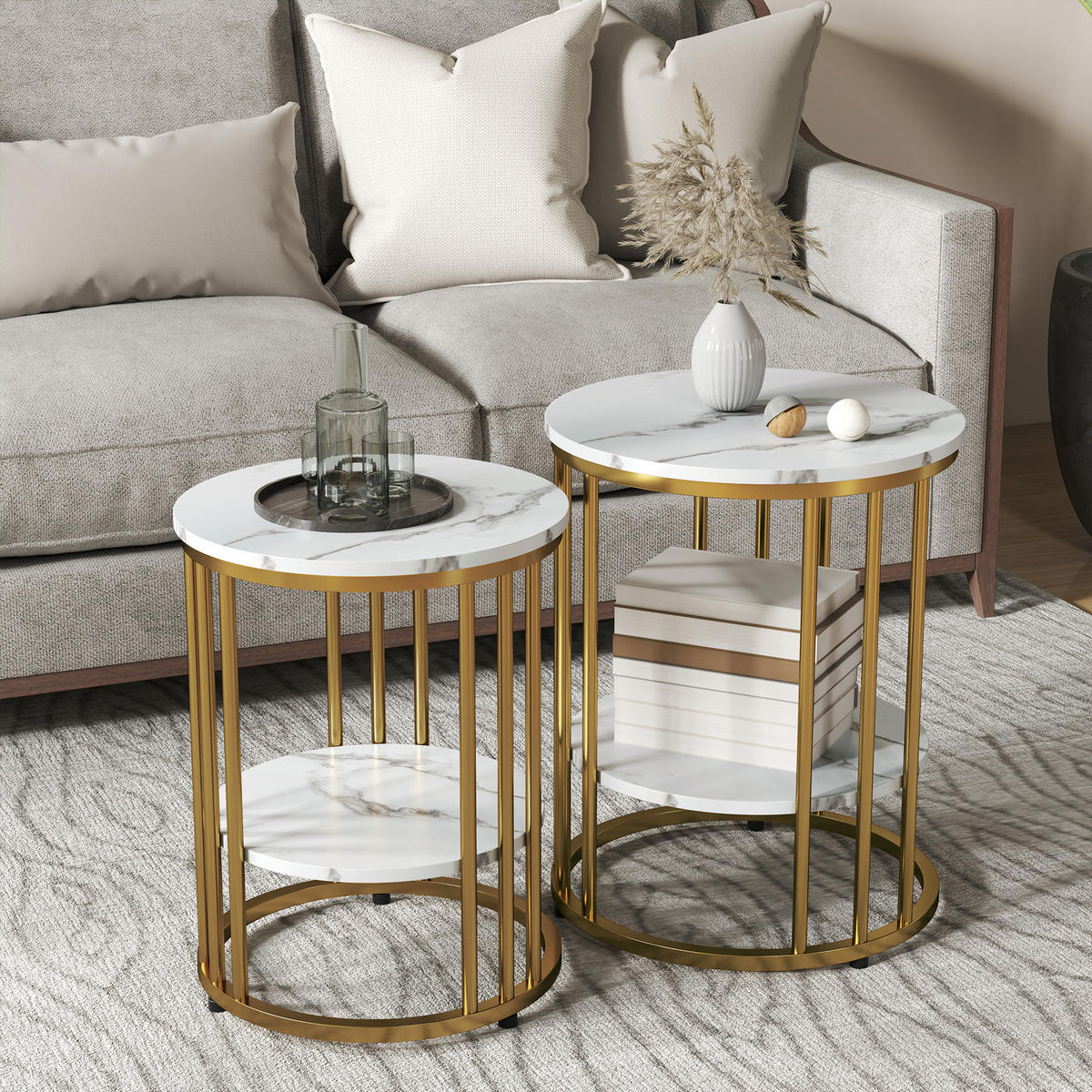 COUCHTISCH rund 2er Set mit Ablage, Weiß - Weiß, Holzwerkstoff (45/45/55cm) - HOMCOM