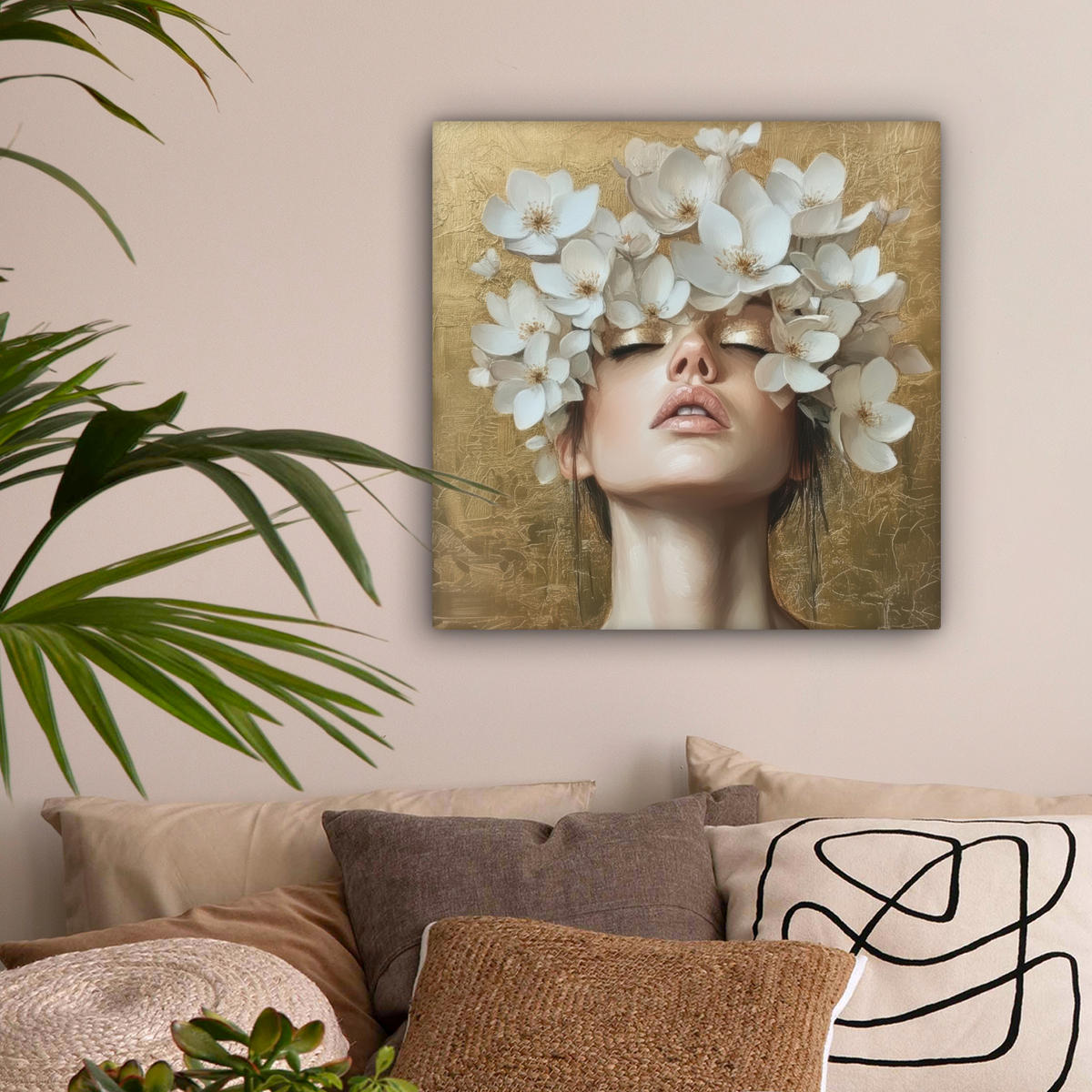 LEINWANDBILD Gesicht - Blumen - Gold - Abstrakt Wandbild Wohnzimmer 50x50 cm - Goldfarben, Textil (50/50cm) - MuchoWow