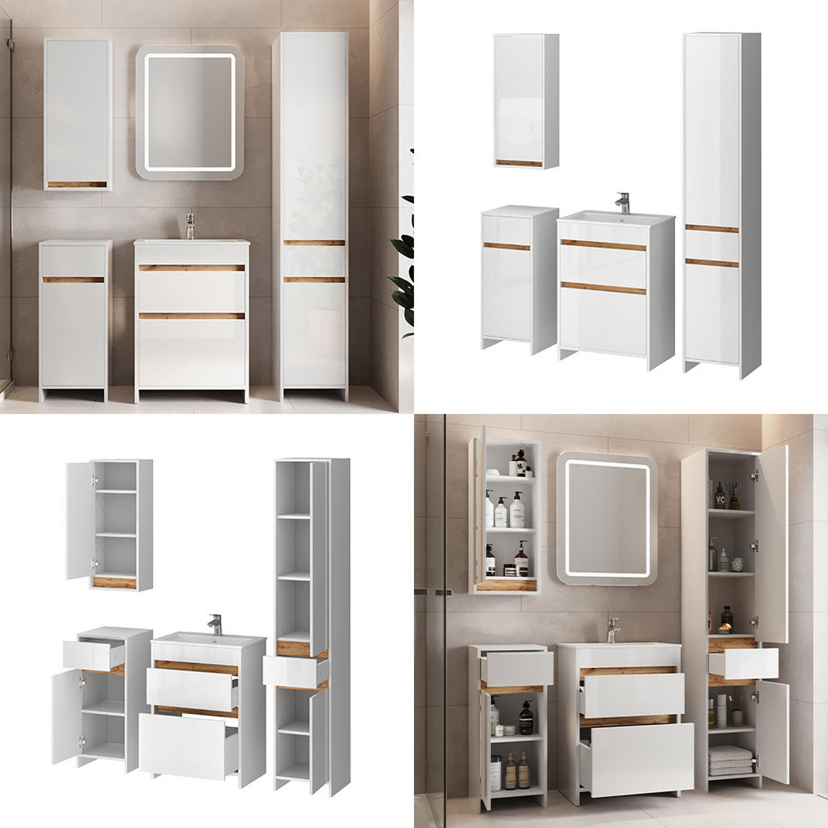 BADMÖBEL Detmold Weiß Hochglanz/Goldkraft Eiche 5er-Set - Honigeiche/Weiß Hochglanz, Holzwerkstoff (60/82/40cm) - Vicco