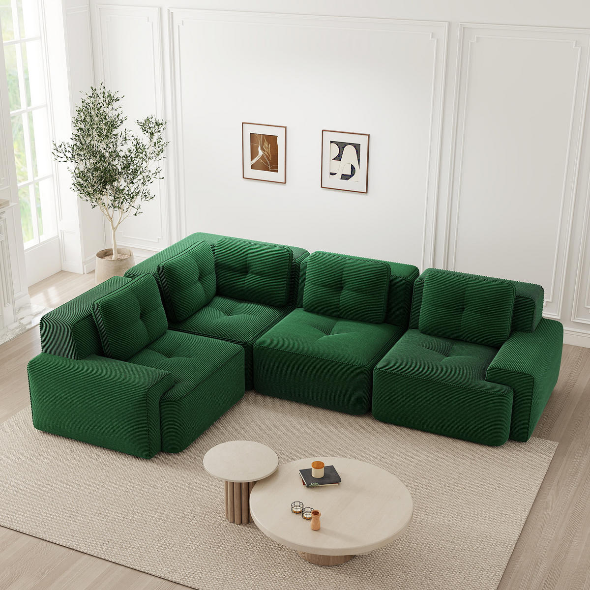 ECKSOFA Cord Grün mit Kissen - Grün, Textil (382/177cm) - WISHDOR