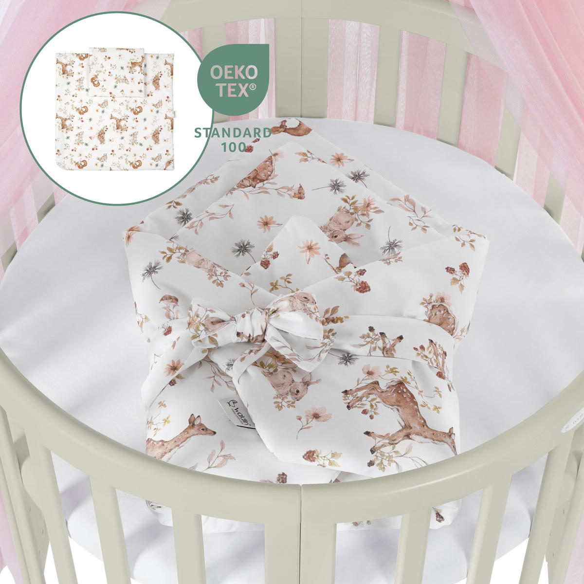 BABYBETT OLIVE OVAL 7in1 mit Matratze und Himmelset - Olivgrün/Rosa, Holz/Textil