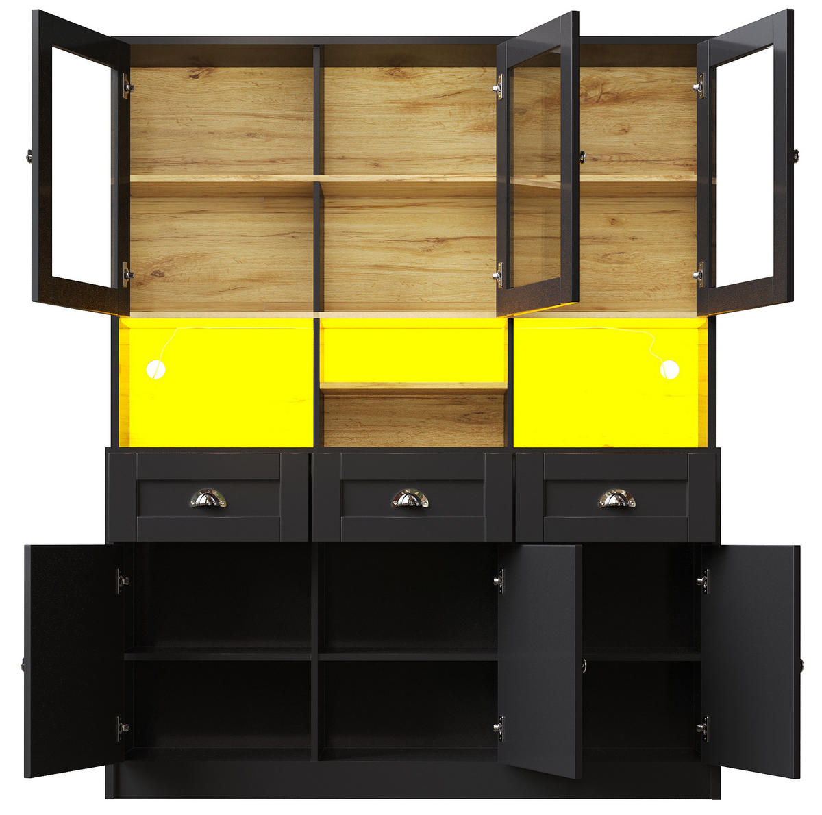 BUFFETSCHRANK 140/40/175 cm aus MDF mit LED-Beleuchtung, App-Steuerung und verstellbaren Einlegeböden, Schwarz - Schwarz, Holzwerkstoff (140/175/40cm) - Redom