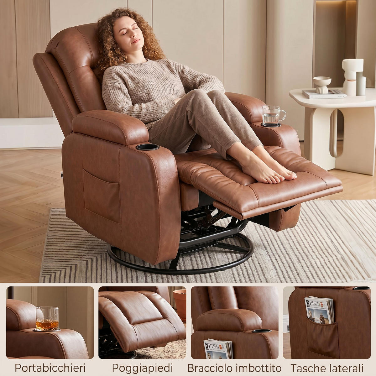 MASSAGESESSEL,MANUELL 150° Wärme Fernbedienung Getränkehalter PU-Leder,hellbraun - Braun, Leder (85/104/94cm) - Vallsero