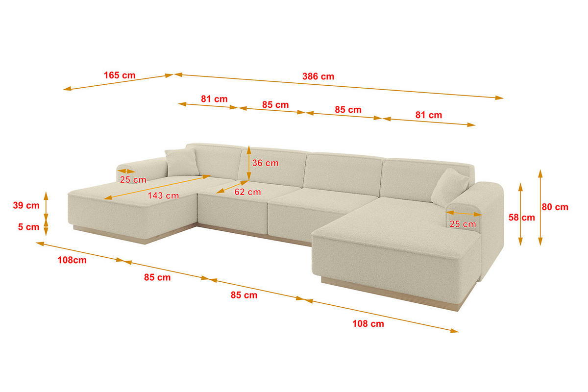 WOHNLANDSCHAFT IREA-U2 - 386x165x80 cm Beige - Creme, Holzwerkstoff/Textil (386/80/165cm) - ALTDECOR