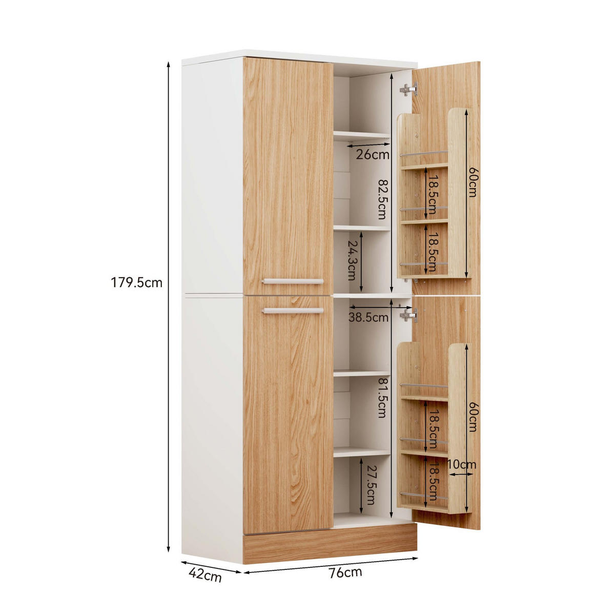 BUFFETSCHRANK 42/76/180 cm mit 4 Türen, verstellbaren Böden und Kippschutz, Weiß/Natur - Weiß, Holzwerkstoff (76/180/42cm) - Redom