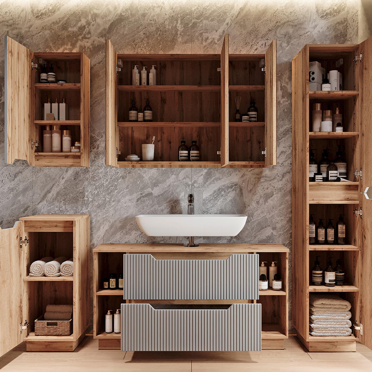 BADMÖBEL-SET Lotta Eiche/grau gestreift 2 Teile - Eichefarben/Grau, Holzwerkstoff (119.2/62.5/35cm) - Vicco