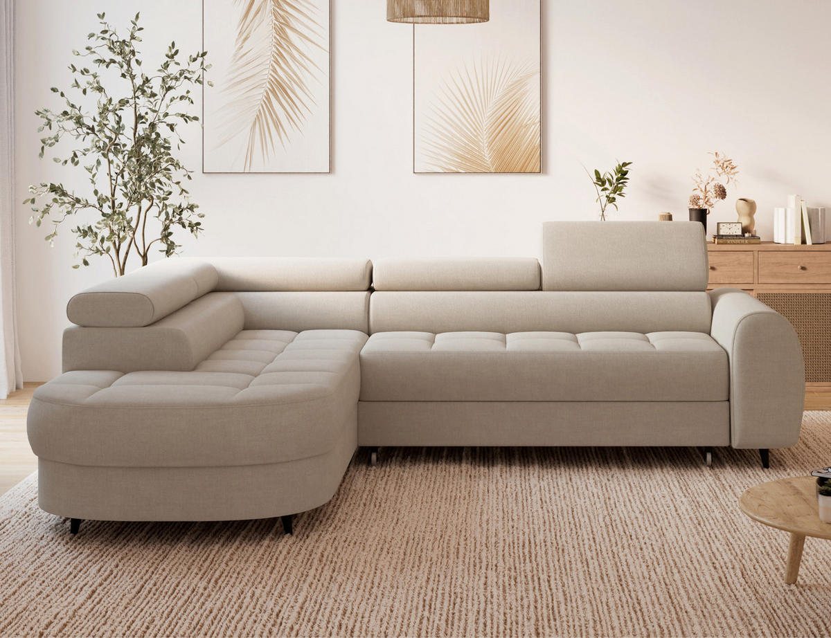 ECKSOFA Vesteria mit Schlaffunktion und Bettkasten – Modernes Design, verstellbare Kopfstützen und hoher Sitzkomfort - Beige, Kunststoff (279/72cm) - Wohnideebilder