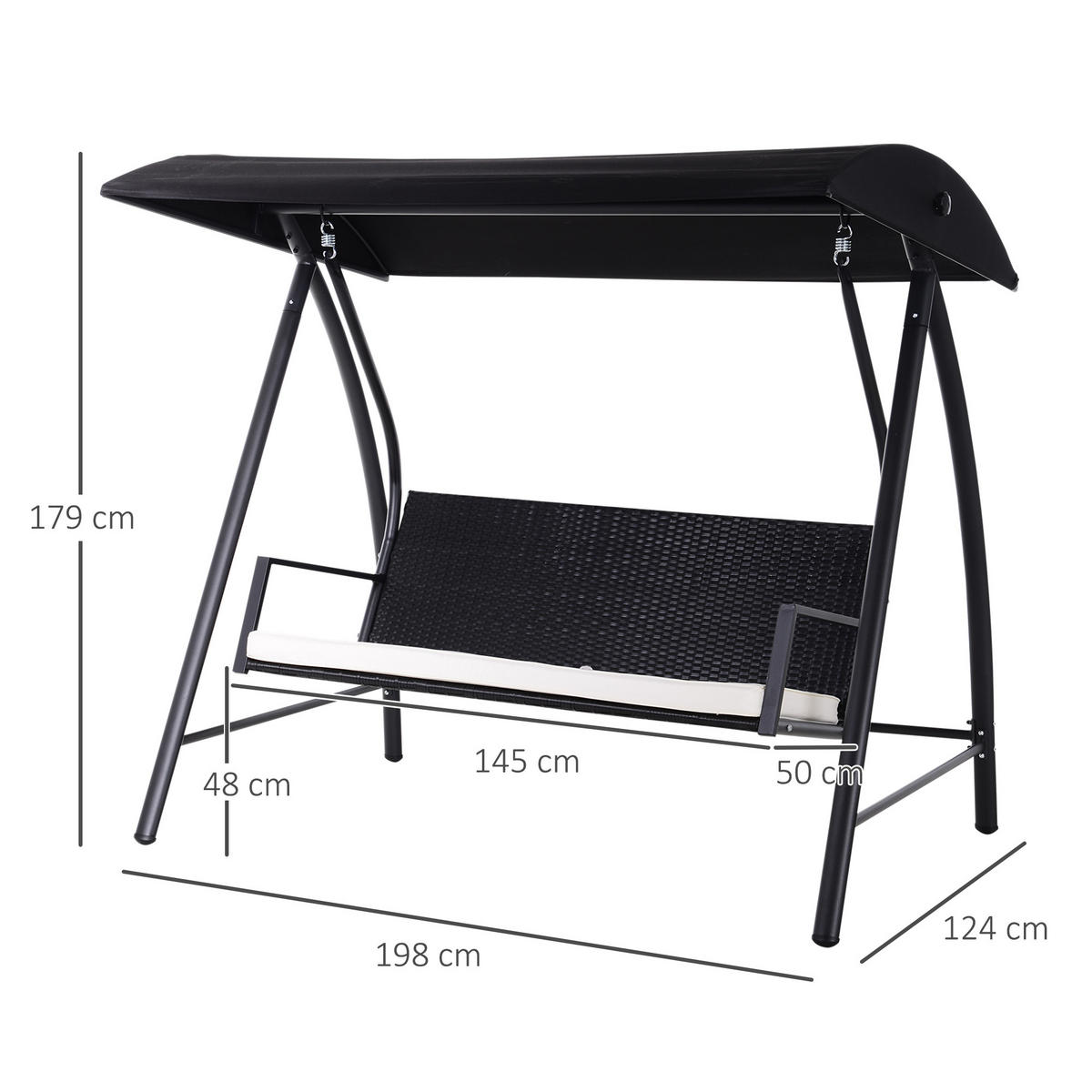 HOLLYWOODSCHAUKEL, mit Dach, Polyrattan+Metall, Schwarz, 198 x 124 x 179 cm - Schwarz, Metall (124/179/198cm) - Outsunny