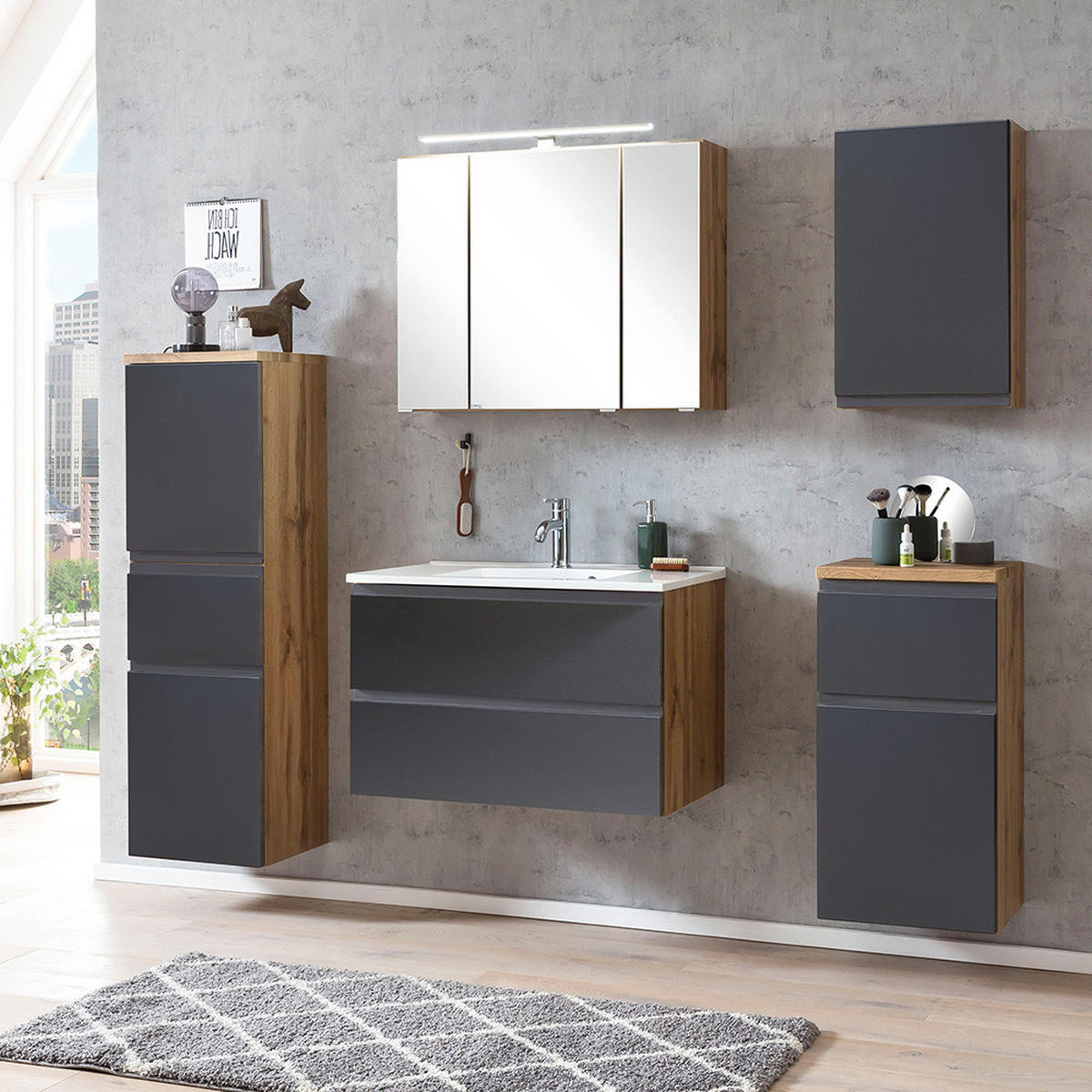 BADMÖBEL-SET 5-TLG. Vasto-03 - Grau, Holzwerkstoff (190/200/47cm) - Lomado