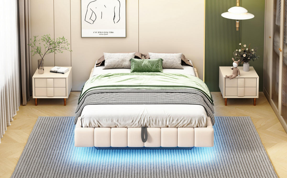 POLSTERBETT 140/200 cm Beige aus Stoff mit LED und Stauraum - Beige, Textil (140/200cm) - OKMYHOME