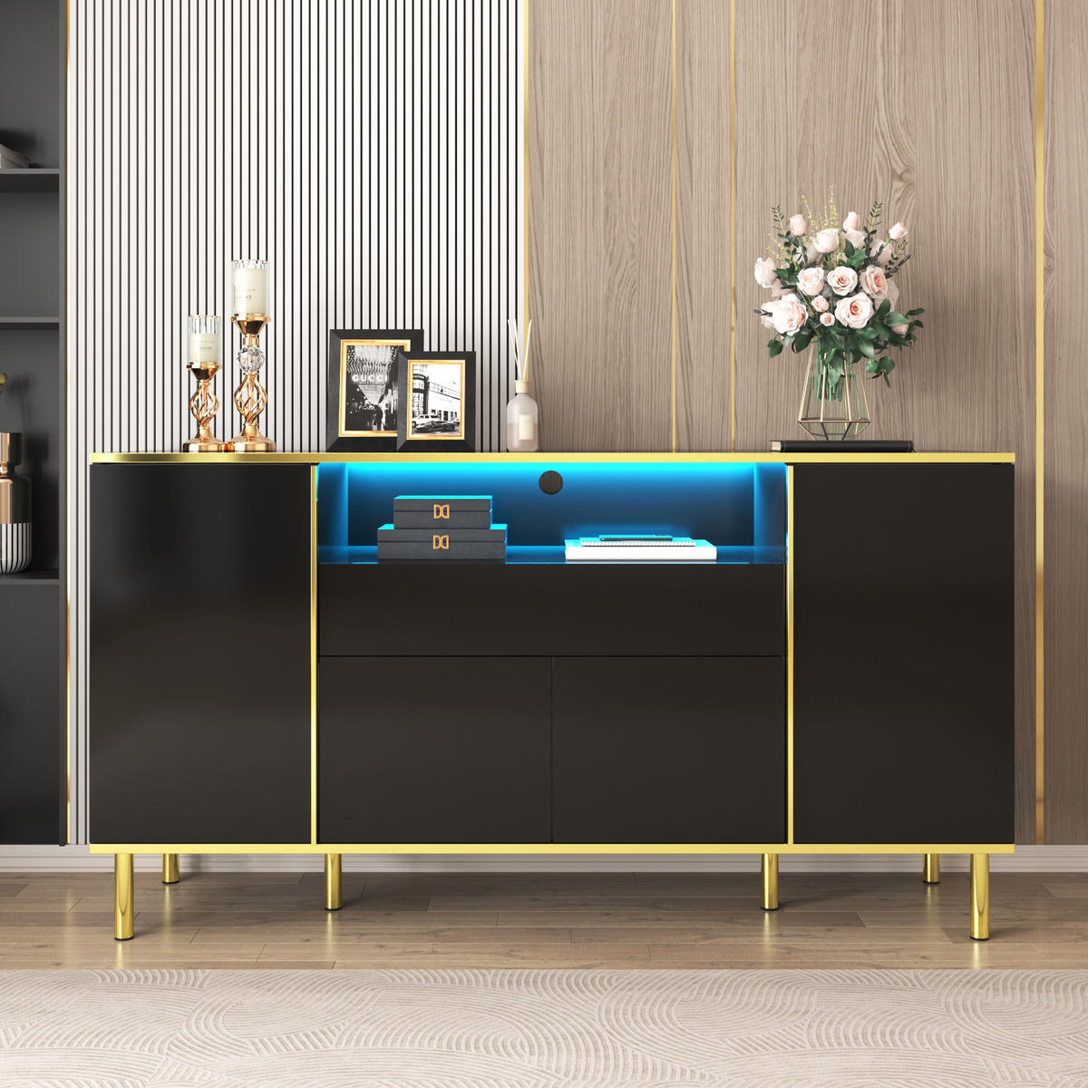 SIDEBOARD mit LED-Beleuchtung und goldenen Akzenten - Weiß, Holzwerkstoff (150/80/40cm) - Urban Meuble
