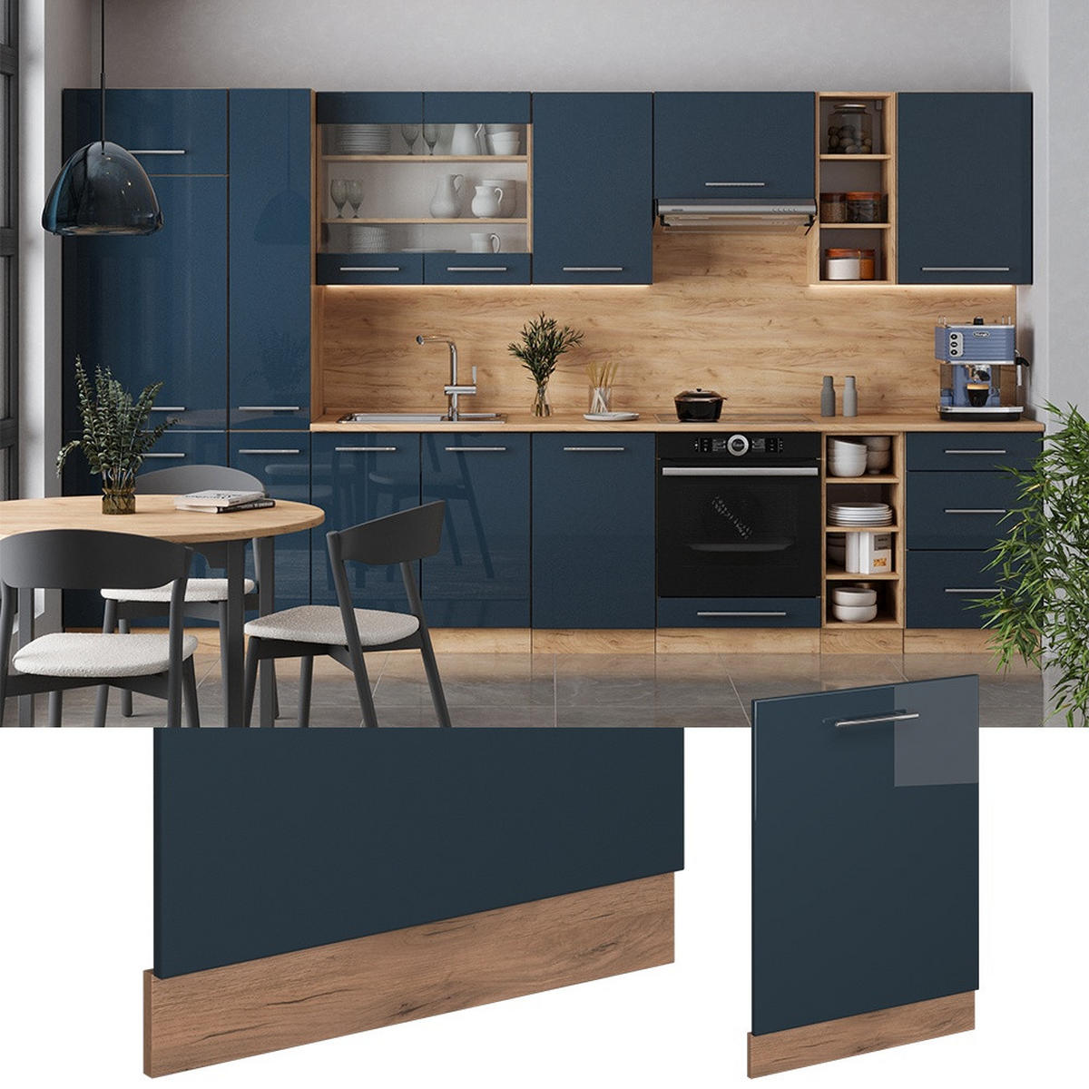 ČELNÍ PANEL MYČKY Fame-Line Tmavě modrá s vysokým leskem 60 cm bez pracovní desky - medově dubová/tmavě modrá, kompozitní dřevo (60/81.8/1.6cm) - Vicco