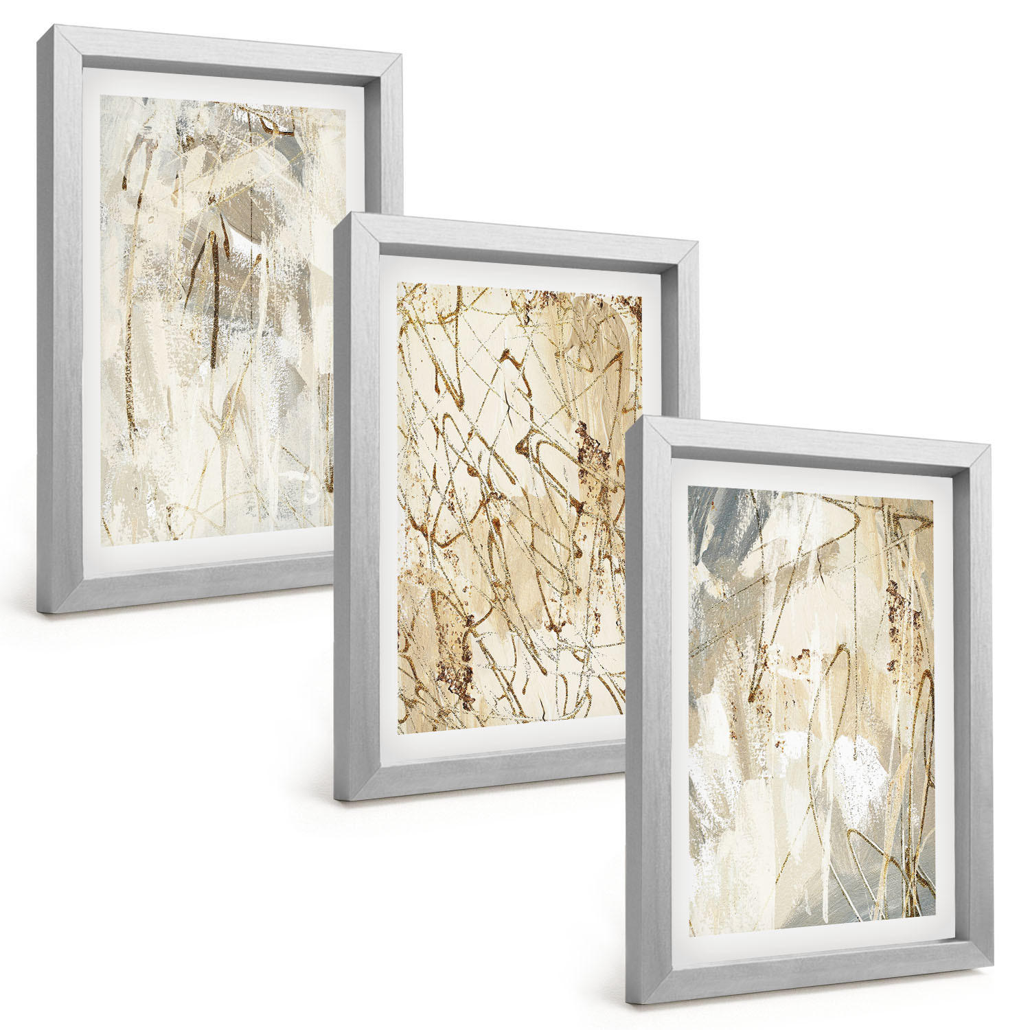 BILDER SET 3er Set - 20x30 cm Silberner Rahmen - Abstrakte Muster in Beige und Grau - Silberfarben, Kunststoff (20/30cm) - TULUP