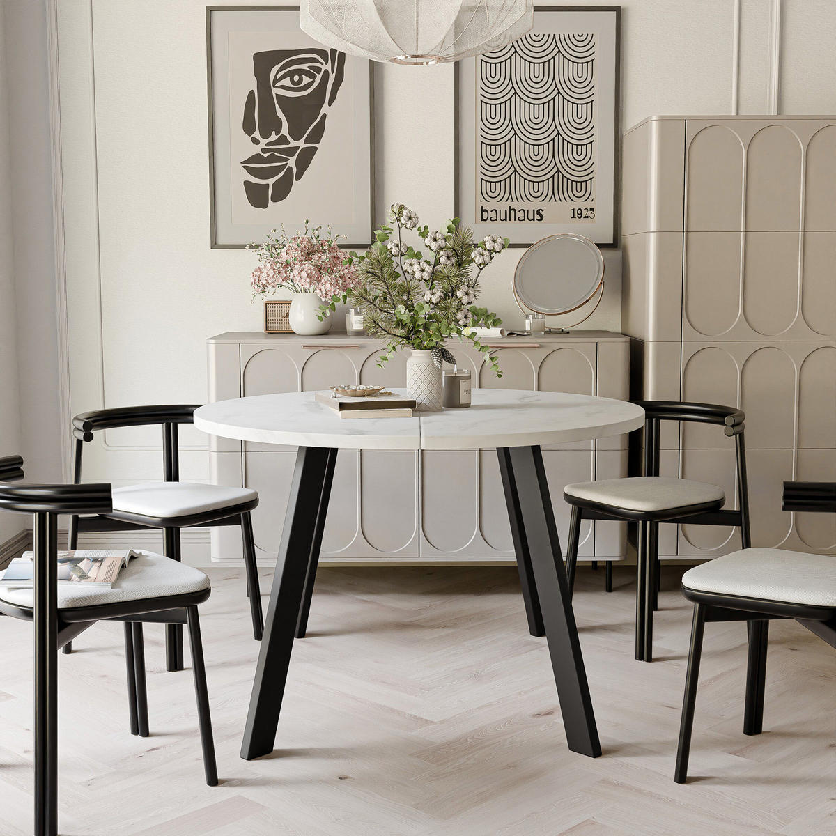 TISCH Schwarze Beine, MDF Tischplatte, Marmor Bianco - Schwarz/Weiß, Holzwerkstoff (100/100/76cm) - Idohome