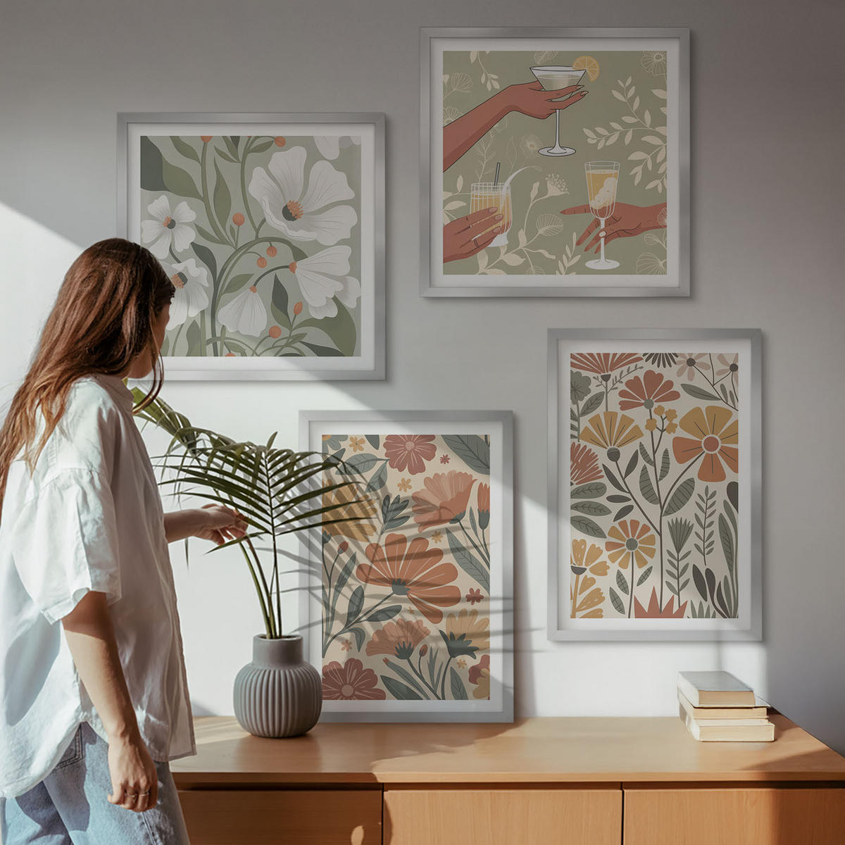 BILDER SET 4er Set - 50x50 cm & 40x60 cm Silberner Rahmen - Blumenmuster in Orange und Grün - Silberfarben, Kunststoff (50/50cm) - TULUP