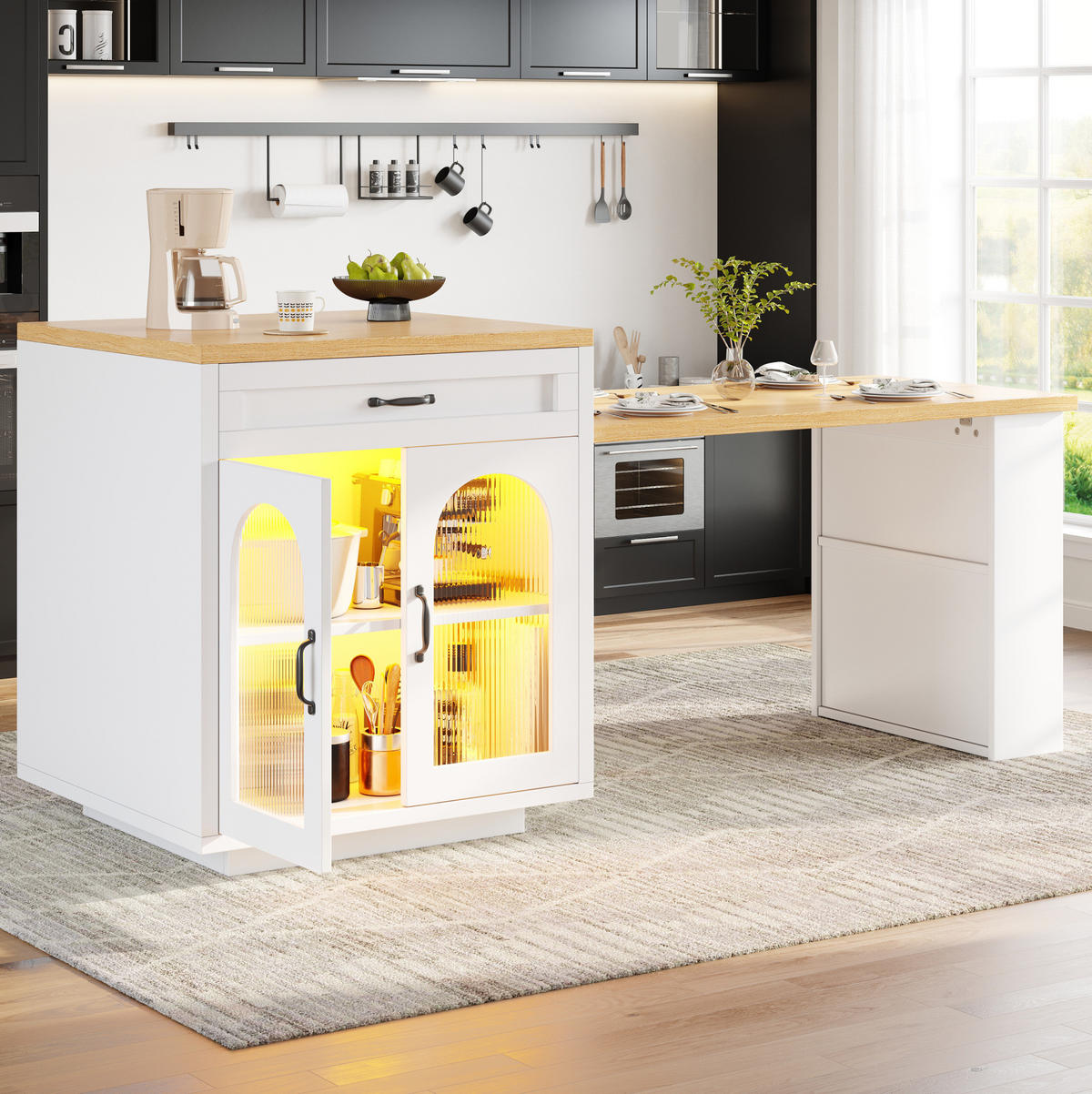 BIFE omara z izvlečno ploščo 126–196 cm, RGB LED in omarico, bel - bela, leseni material (59/94/126cm) - OKMYHOME