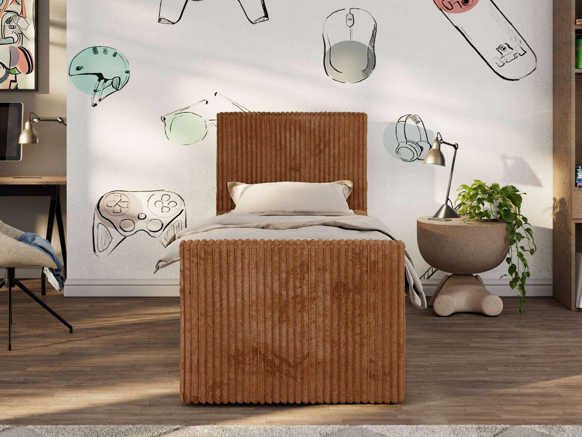 JUGENDBETT TILIO DUO 90/200 - Orange Cord - H4 - Rechts Seite - Orange, Textil (90/200cm) - MKS