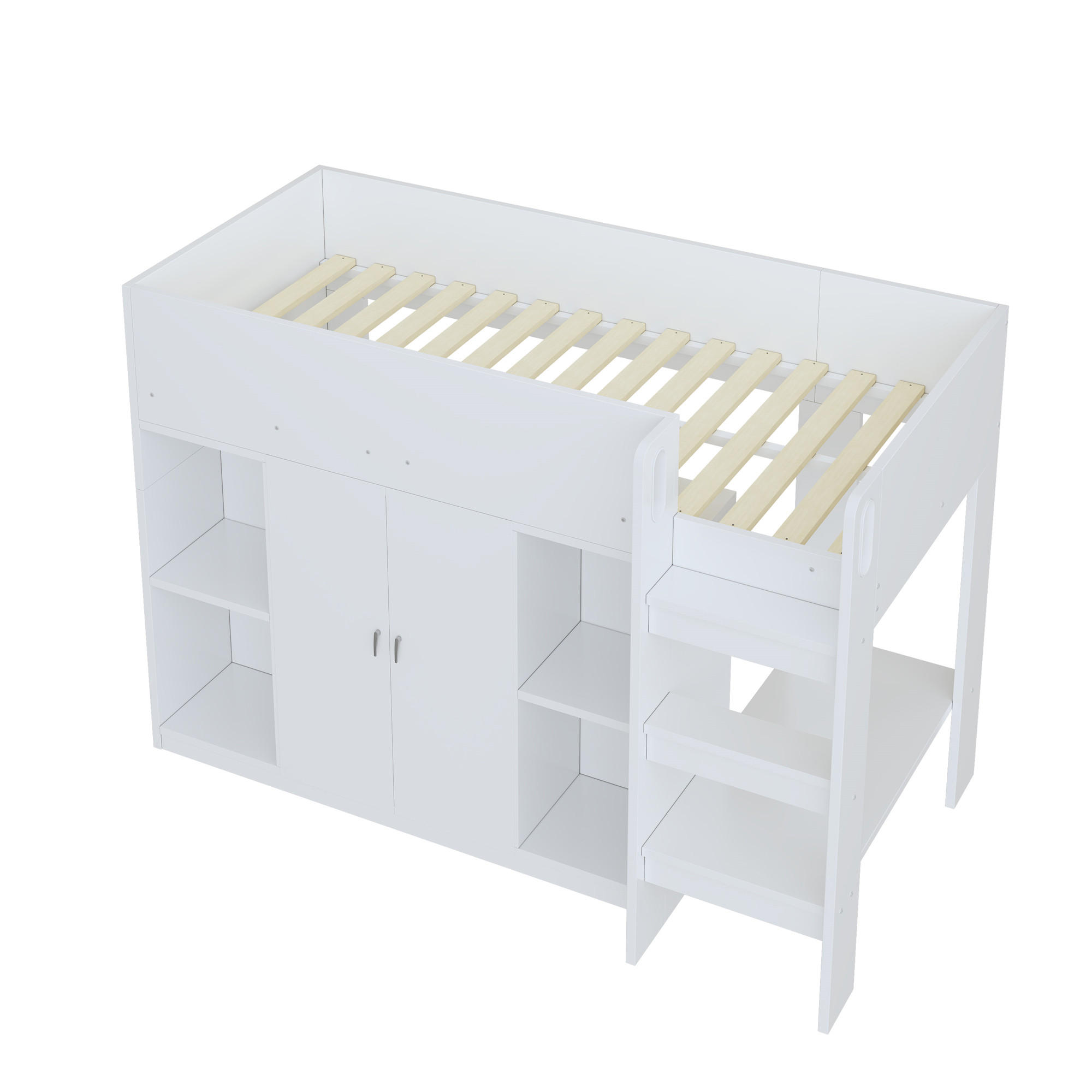 HOCHBETT 90/200 cm DE-01364, in Weiß, mit Schrank, Regalen und Leiter - Weiß, Holzwerkstoff (90/200cm) - ComfortXL