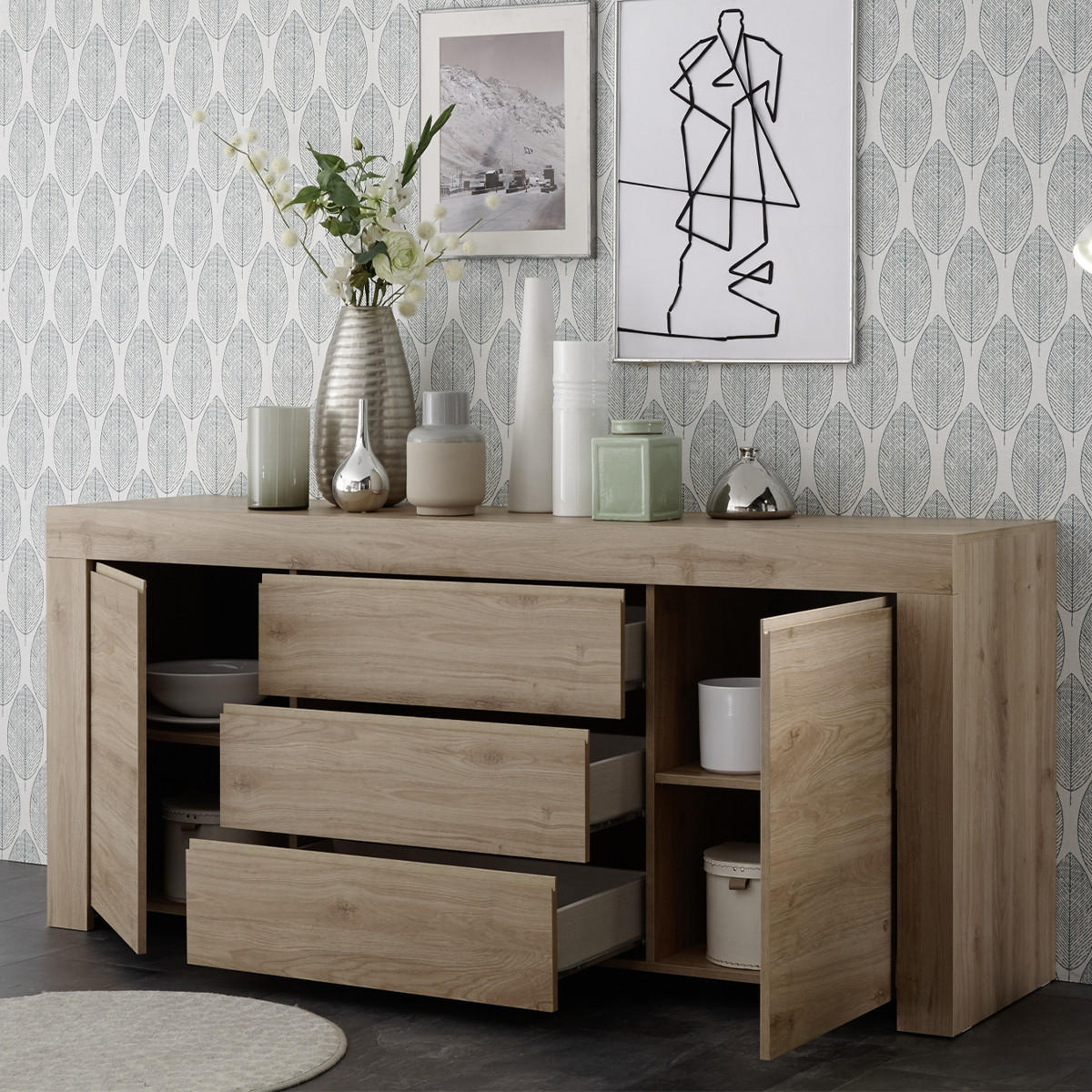 SIDEBOARD mit 2 Türen und 3 Schubladen L184 cm - Firenze - Eichefarben, Holzwerkstoff (184/81/42cm) - Calicosy