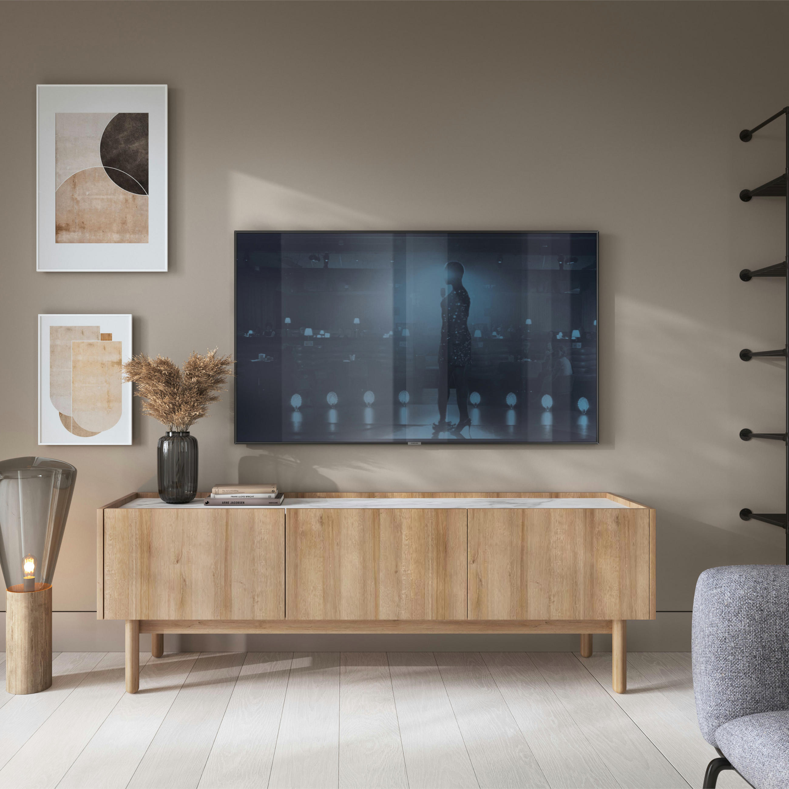 Thumbnail - Komodee Lowboard, Eiche Artisan, Weiß, Glas, Holzwerkstoff, 144x48x37 cm, Wohnzimmer, Wohnwände, Lowboards, Lowboards st...