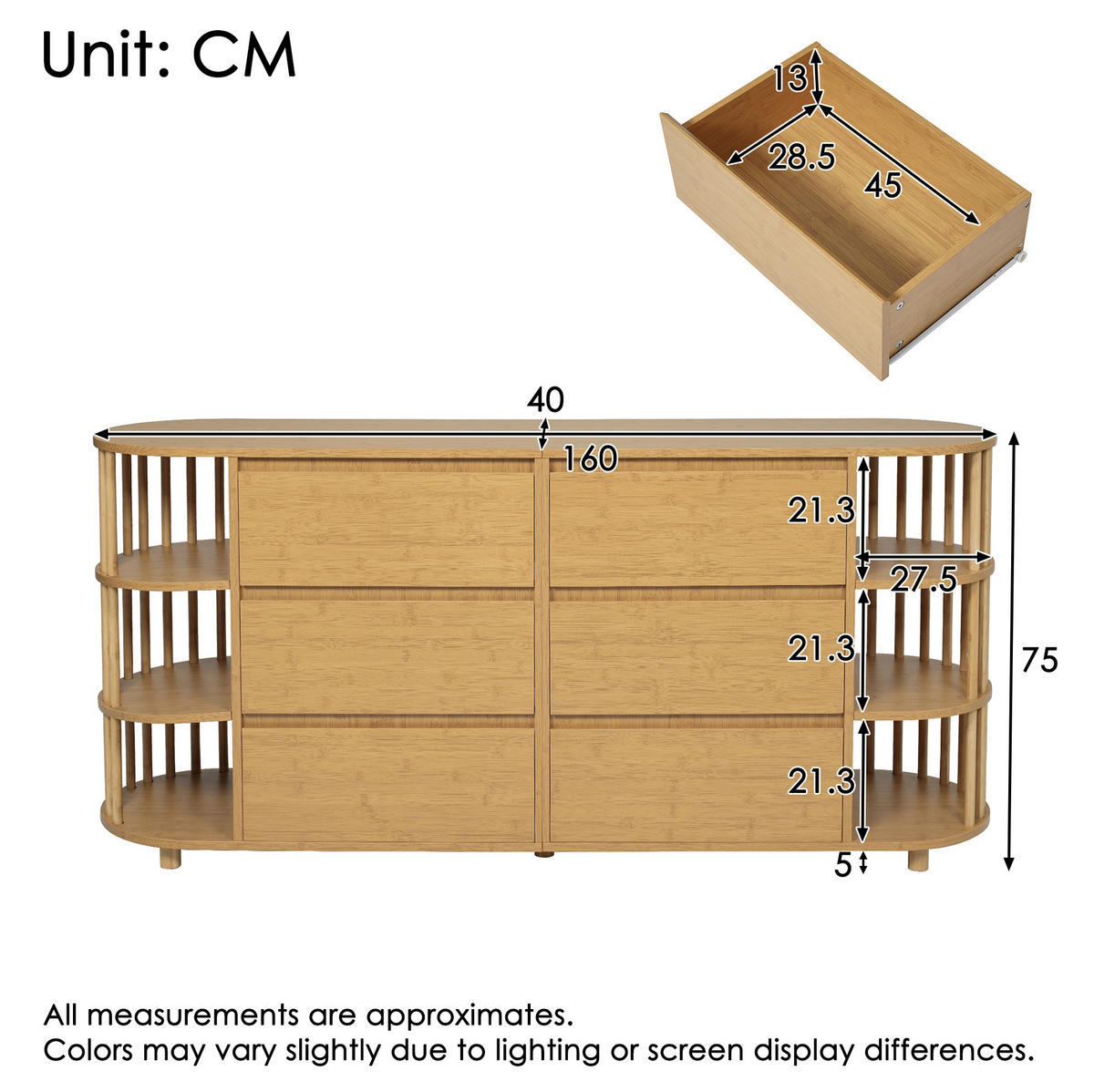 SIDEBOARD 160/40/75 cm Eiche aus MDF und Bambus mit 6 Schubladen - Naturfarben, Holzwerkstoff (40/75/160cm) - OKMYHOME