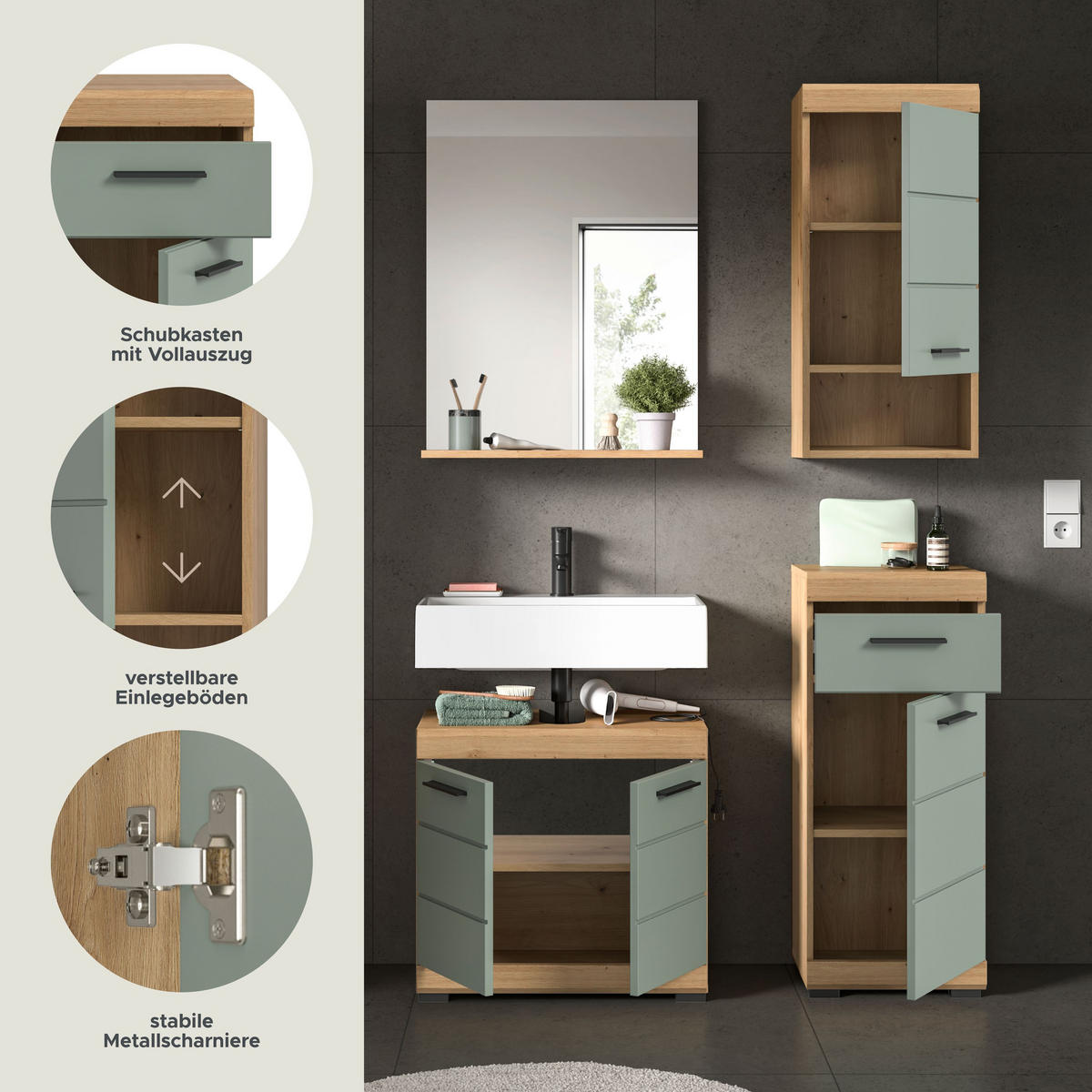 BADKOMBINATION 4tlg. Scout Bad in Artisan Eiche Nachbildung und Salbei Nachbildung B/H/T: 112x191x34 cm - Eiche Artisan, Holz (112/191/34cm)