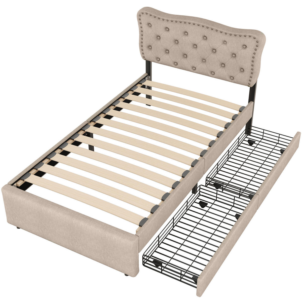 POLSTERBETT 90/200 cm dunkelbeige mit Schubladen und dekorativen Nieten - Beige, Textil (90/200cm) - OKWISH