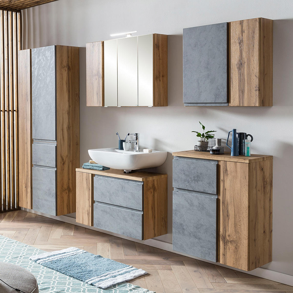 BADMÖBEL-SET 5-TLG. Vasto-03 - Grau, Holzwerkstoff (245/200/35cm) - Lomado