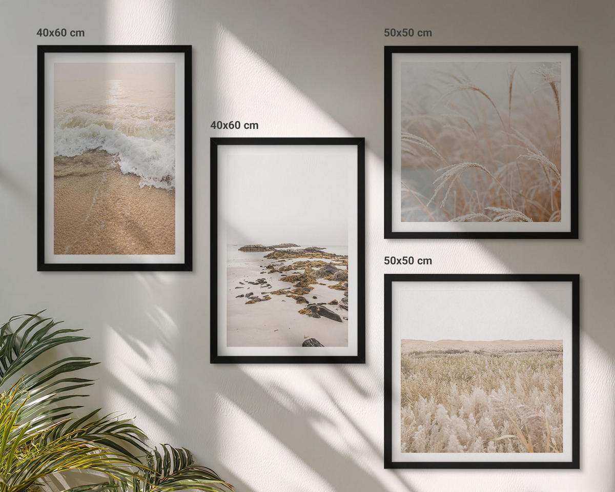 WANDBILDER 4er-Set - 50x50 cm & 40x60 cm Schwarzer Rahmen - Strandwellen, Steine, Sommer - Schwarz, Kunststoff (50/50cm) - ArtPrintCave