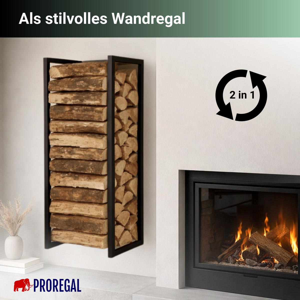 KAMINHOLZREGAL Phoenix innen & außen für Wandmontag 92x41x31cm Schwarz - Schwarz, Metall (41/92/31cm) - PROREGAL