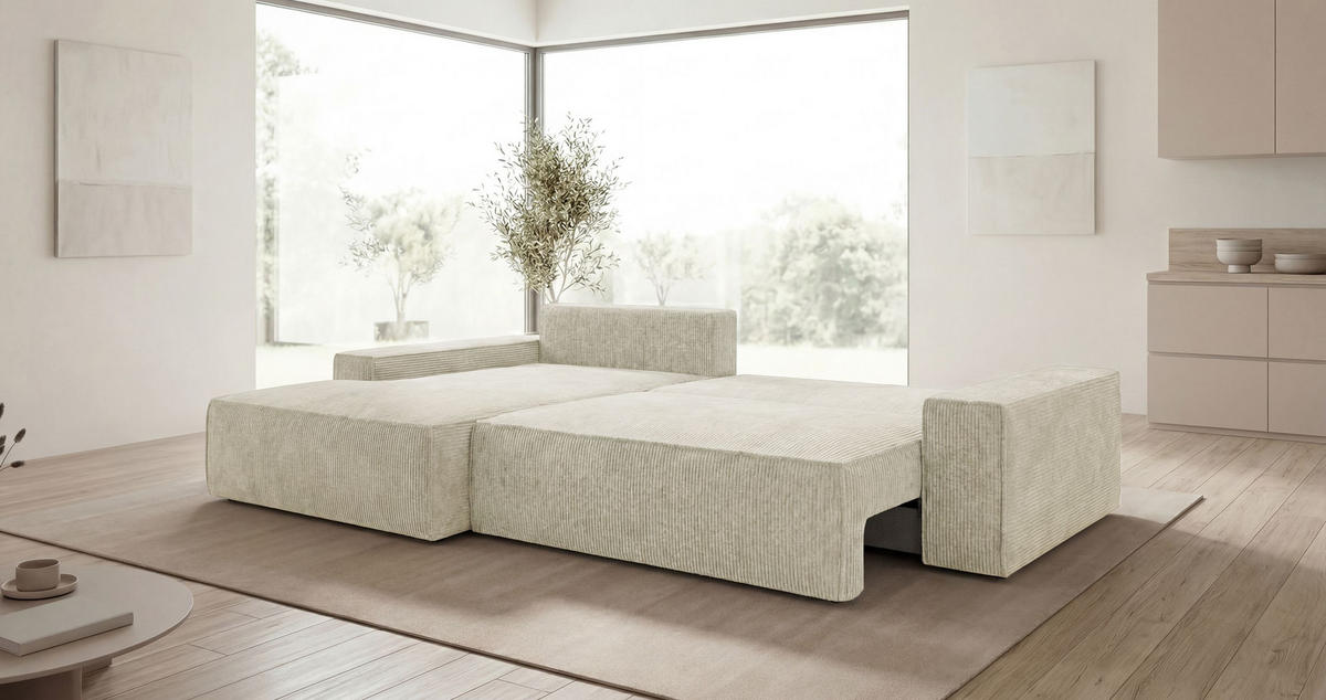 ECKSOFA VERONA links weiß Cord Poso 100 - Schlaffunktion, Bettkasten - Weiß, Textil (280/185cm) - Cornero