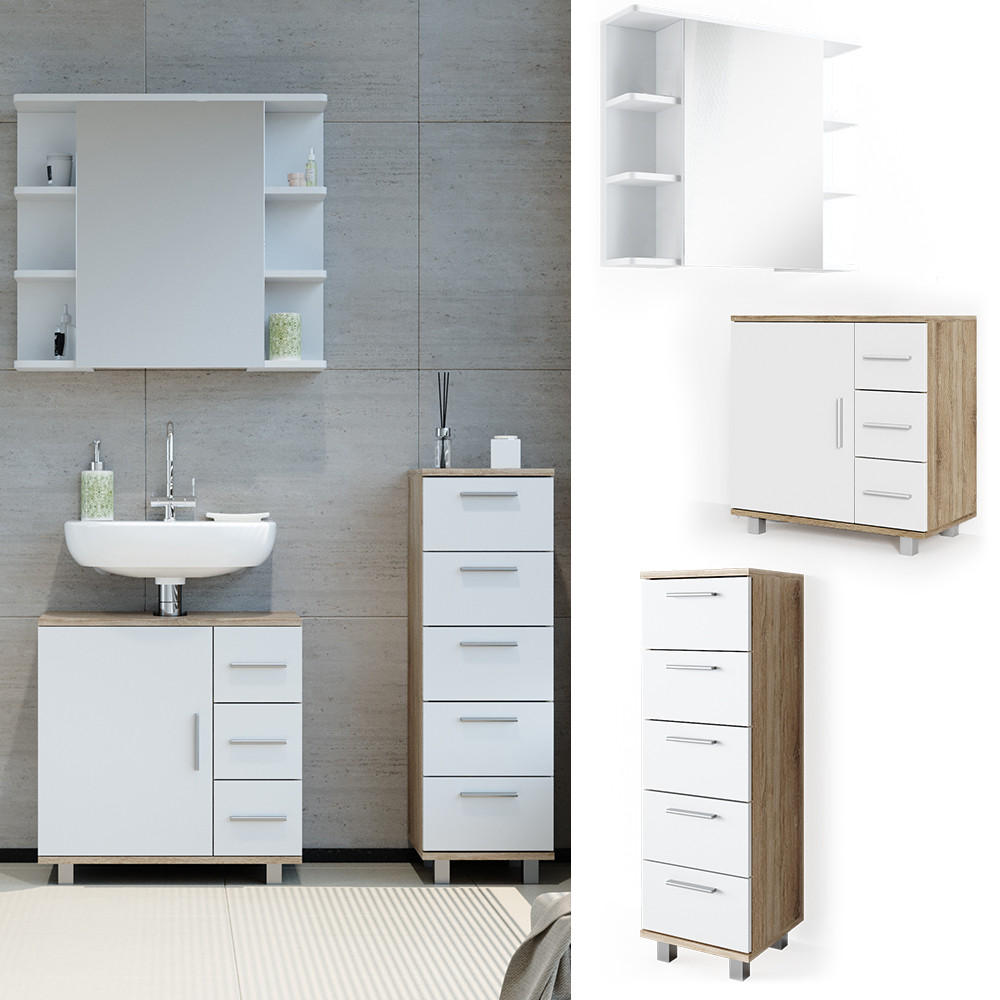 BADMÖBEL-SET Ilias Sonoma 3 Teile, mit Midischrank - Weiß/Sonoma Eiche, Holzwerkstoff (60/60.8/33cm) - Vicco