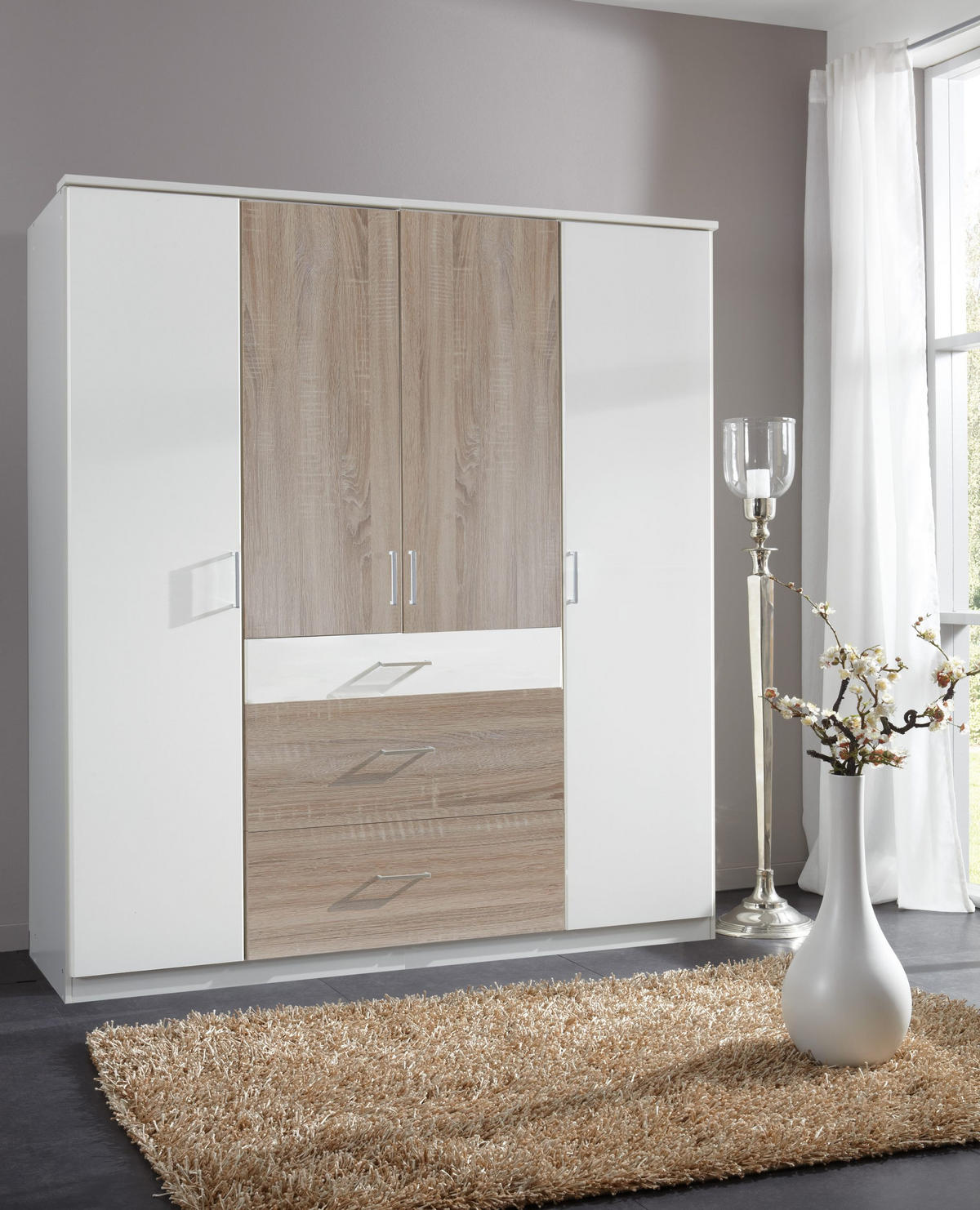 KLEIDERSCHRANK Click in Weiß mit Eiche Sägerau - Drehtürenschrank 179 cm Breite ohne Spiegel - Weiß, Holzwerkstoff (179/199/58cm)