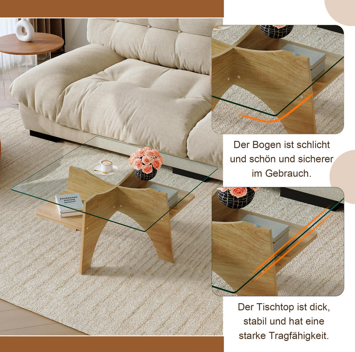 KLUBSKA miza 80/80/40 cm, MDF in varnostno steklo, prosojna/rjava - prozorna, steklo (80/80/40cm) - BEAOK