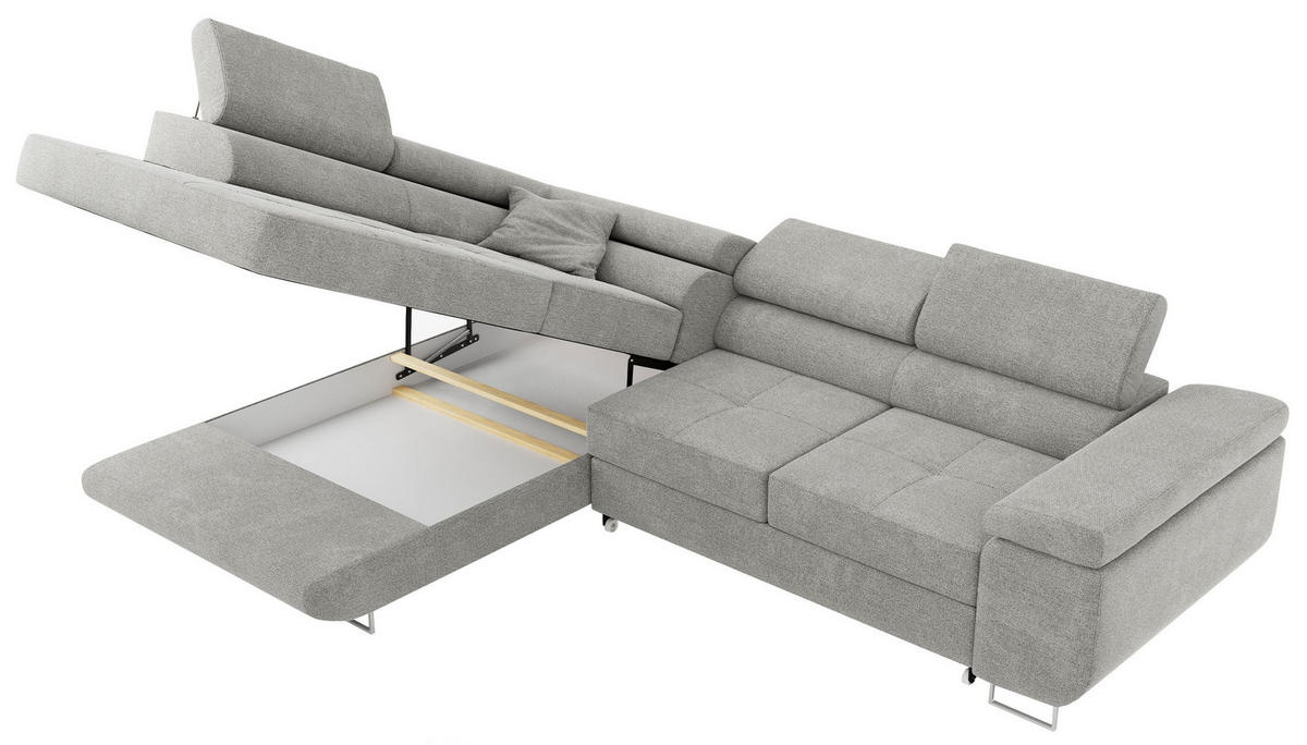 ROHOVÁ SEDAČKA GUSTAW L - Světle šedá Strukturovaná látka - Levá Strana - stříbrná/světle šedá, kov/textil (275/205cm) - MKS