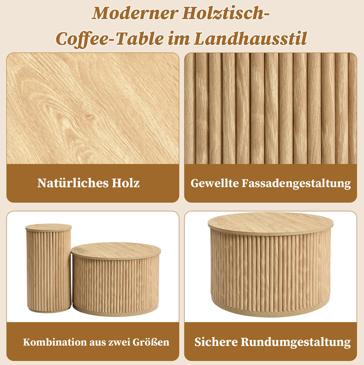 COUCHTISCH 60/60/38.5 + 30/30/56 cm aus MDF in Natur mit Streifenmuster - Naturfarben, Holzwerkstoff (60/60/38.5cm) - OKMYHOME